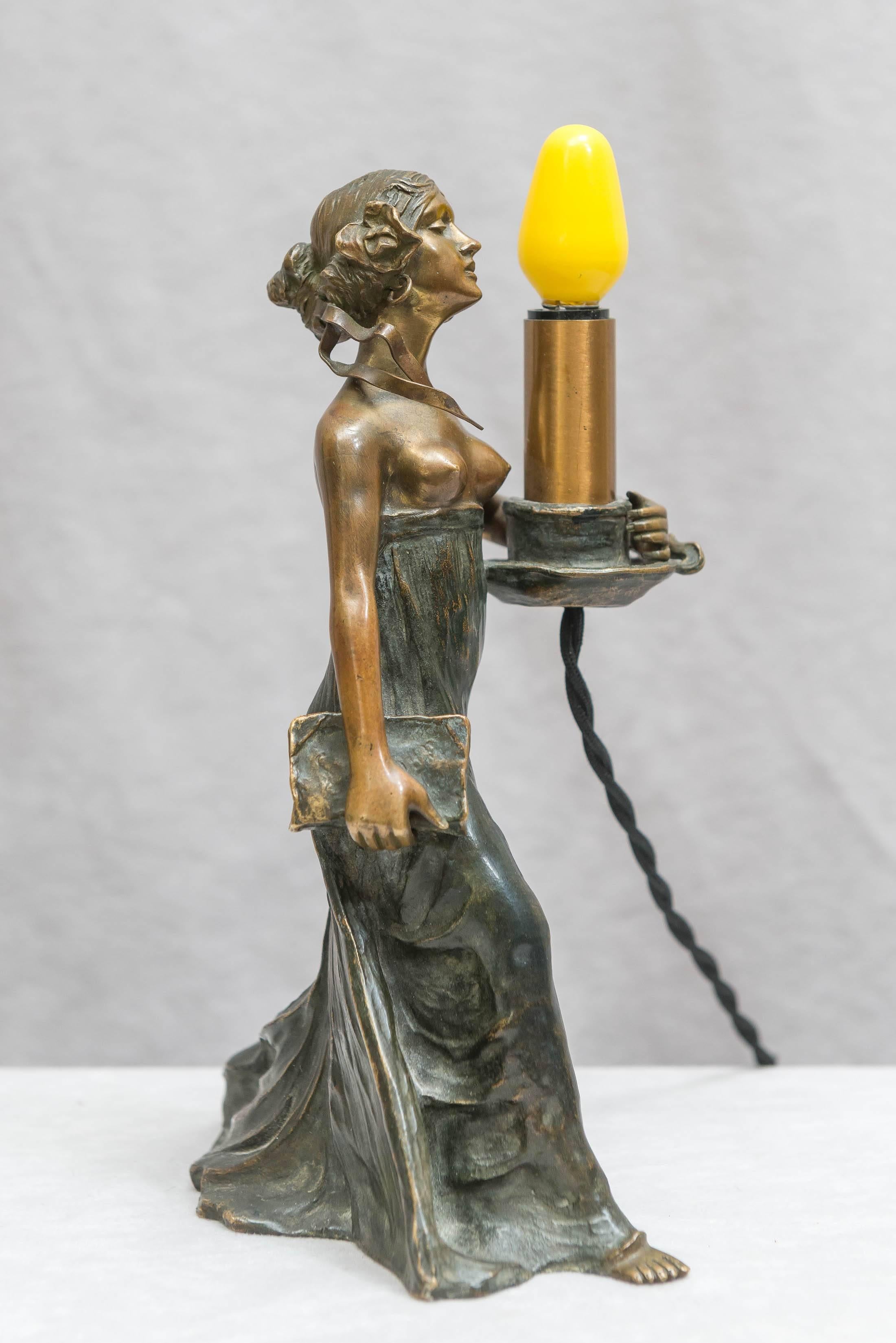 Patinated Austrian Bronze Art Nouveau Lamp, Gustav Gurschner