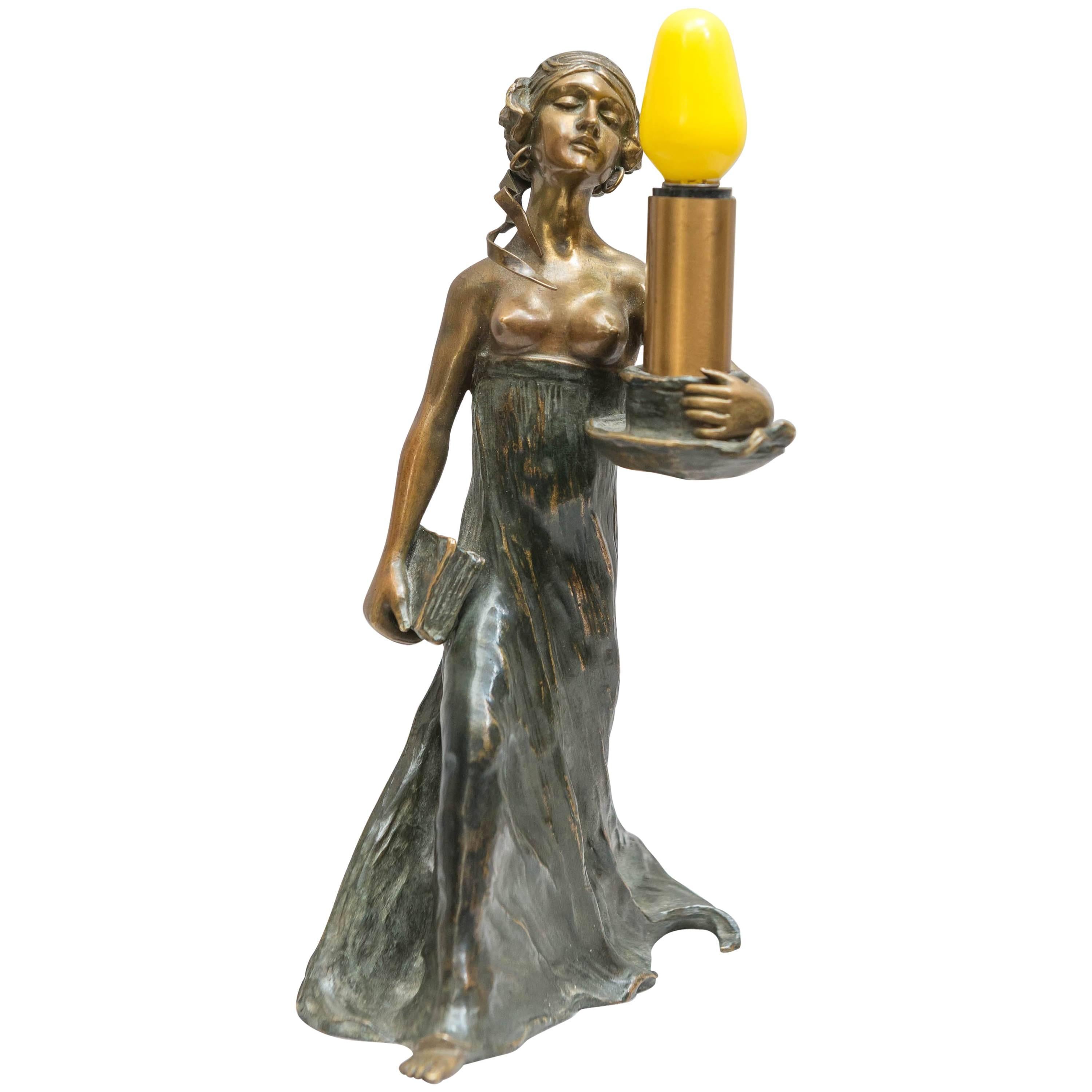 Austrian Bronze Art Nouveau Lamp, Gustav Gurschner