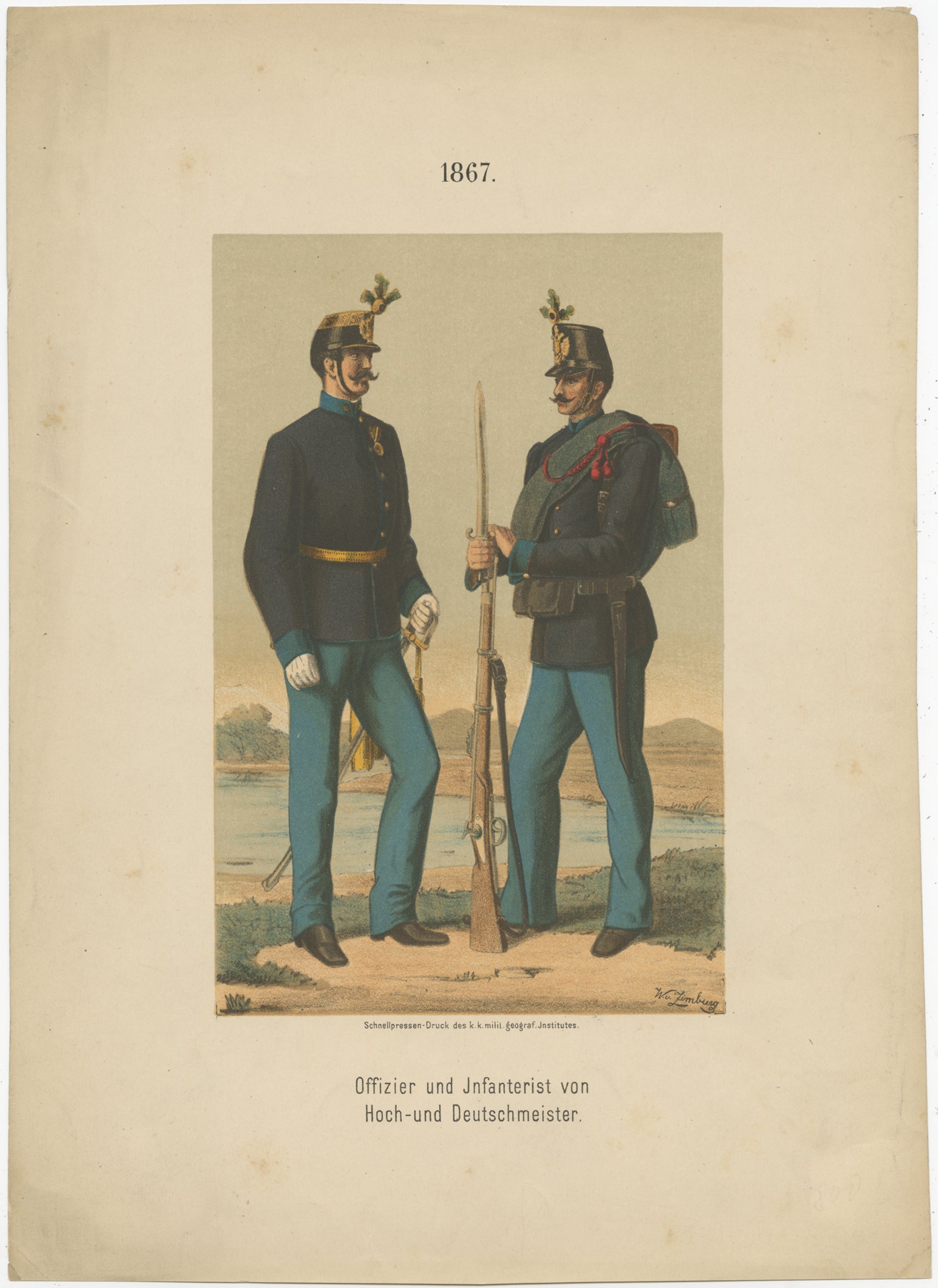 Ufficiale e fante austriaco del reggimento Hoch- und Deutschmeister, 1867 - Litografia colorata a mano

Questa litografia colorata a mano del XIX secolo raffigura un ufficiale e un fante del prestigioso Reggimento Hoch- und Deutschmeister