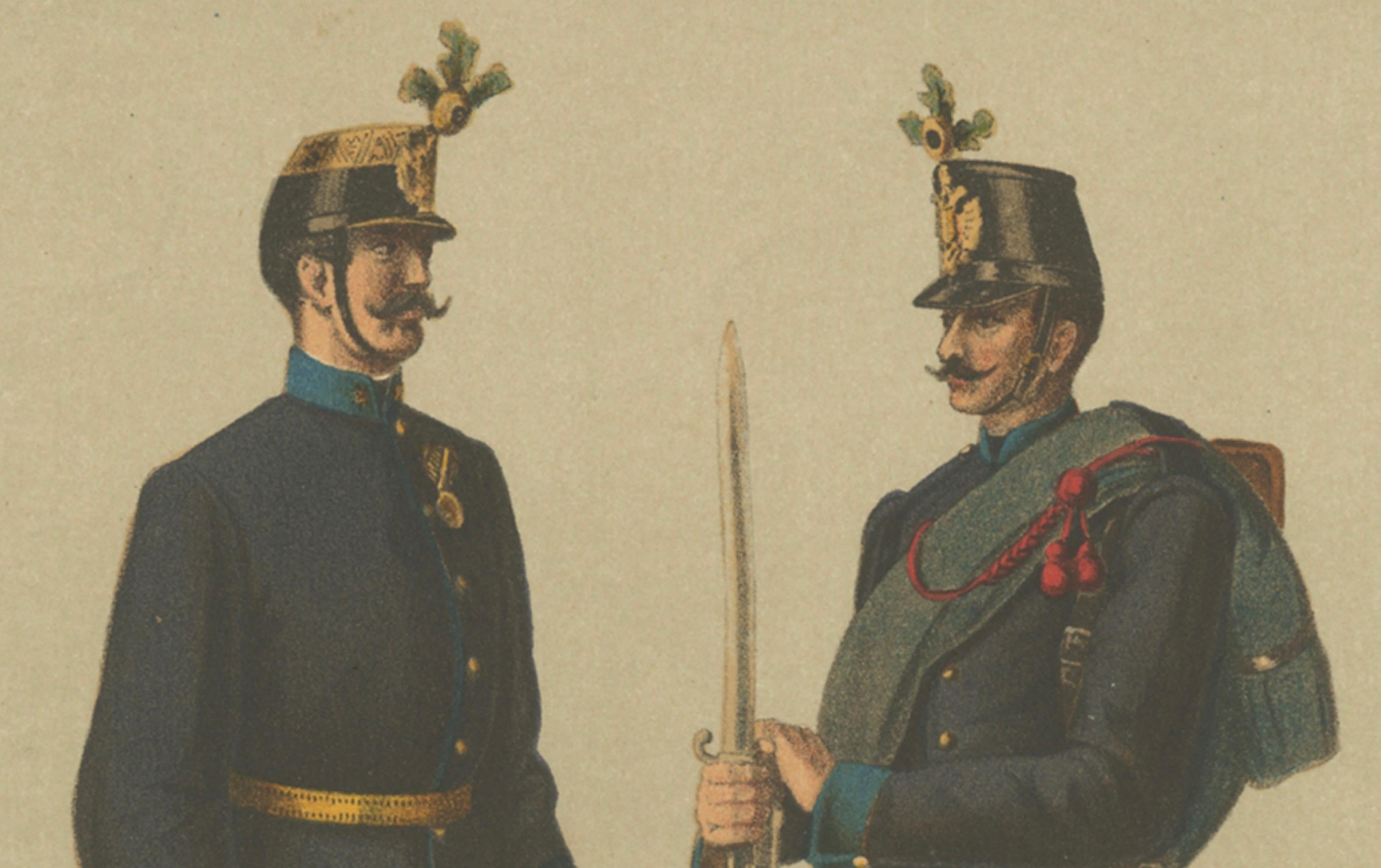Austriaco Ufficiale austriaco e soldato di fanteria, reggimento Hoch- und Deutschmeister 1867 Litho in vendita