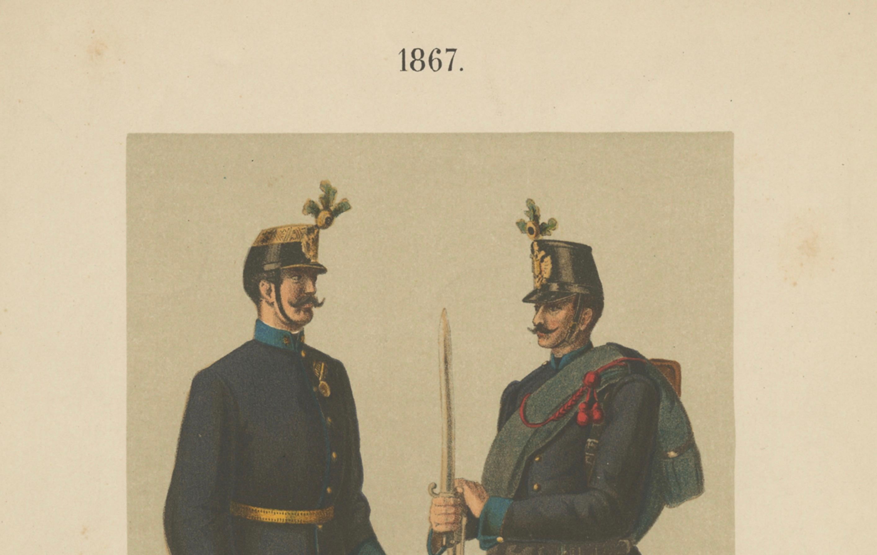 Ufficiale austriaco e soldato di fanteria, reggimento Hoch- und Deutschmeister 1867 Litho In condizioni buone in vendita a Langweer, NL