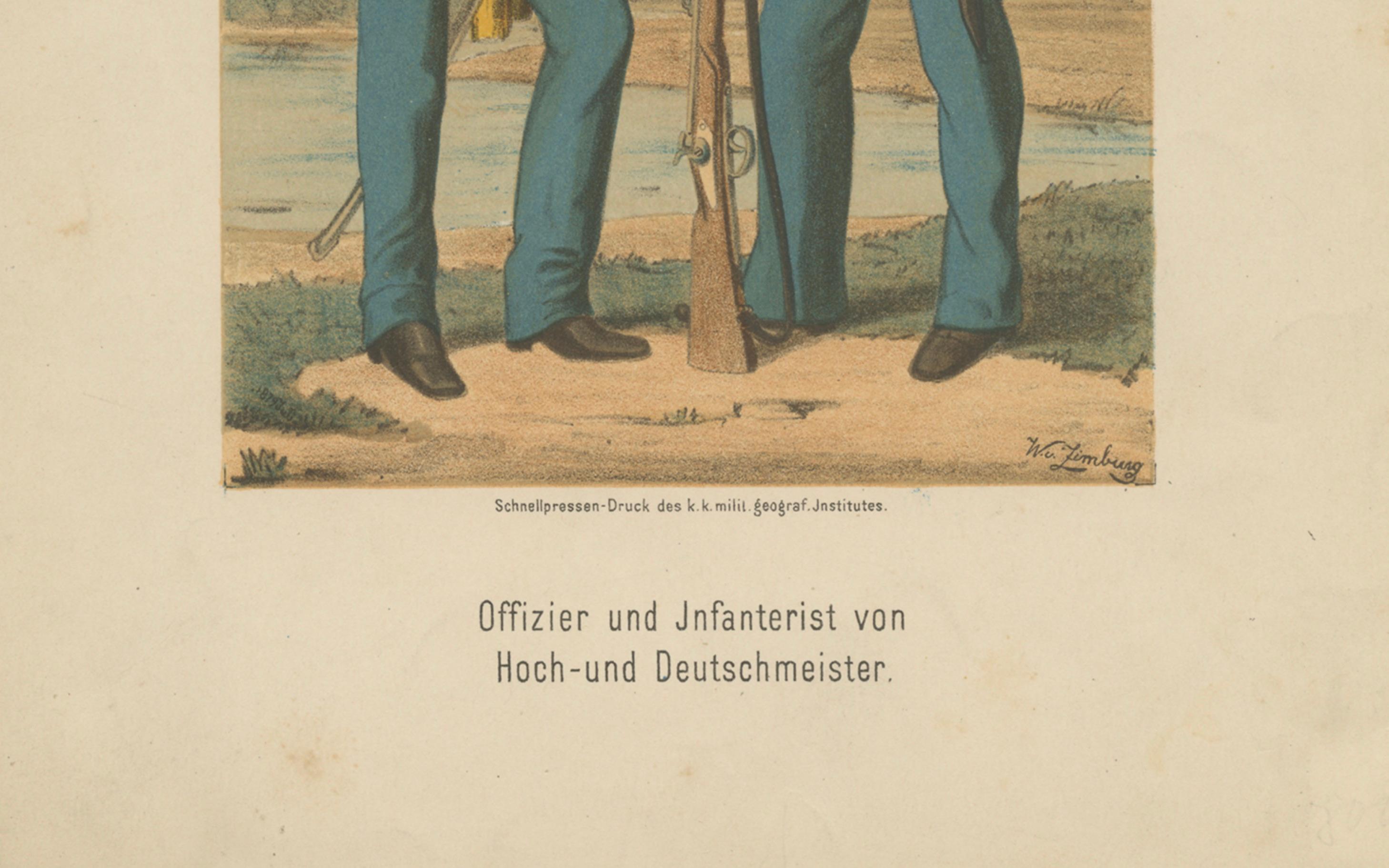 XIX secolo Ufficiale austriaco e soldato di fanteria, reggimento Hoch- und Deutschmeister 1867 Litho in vendita
