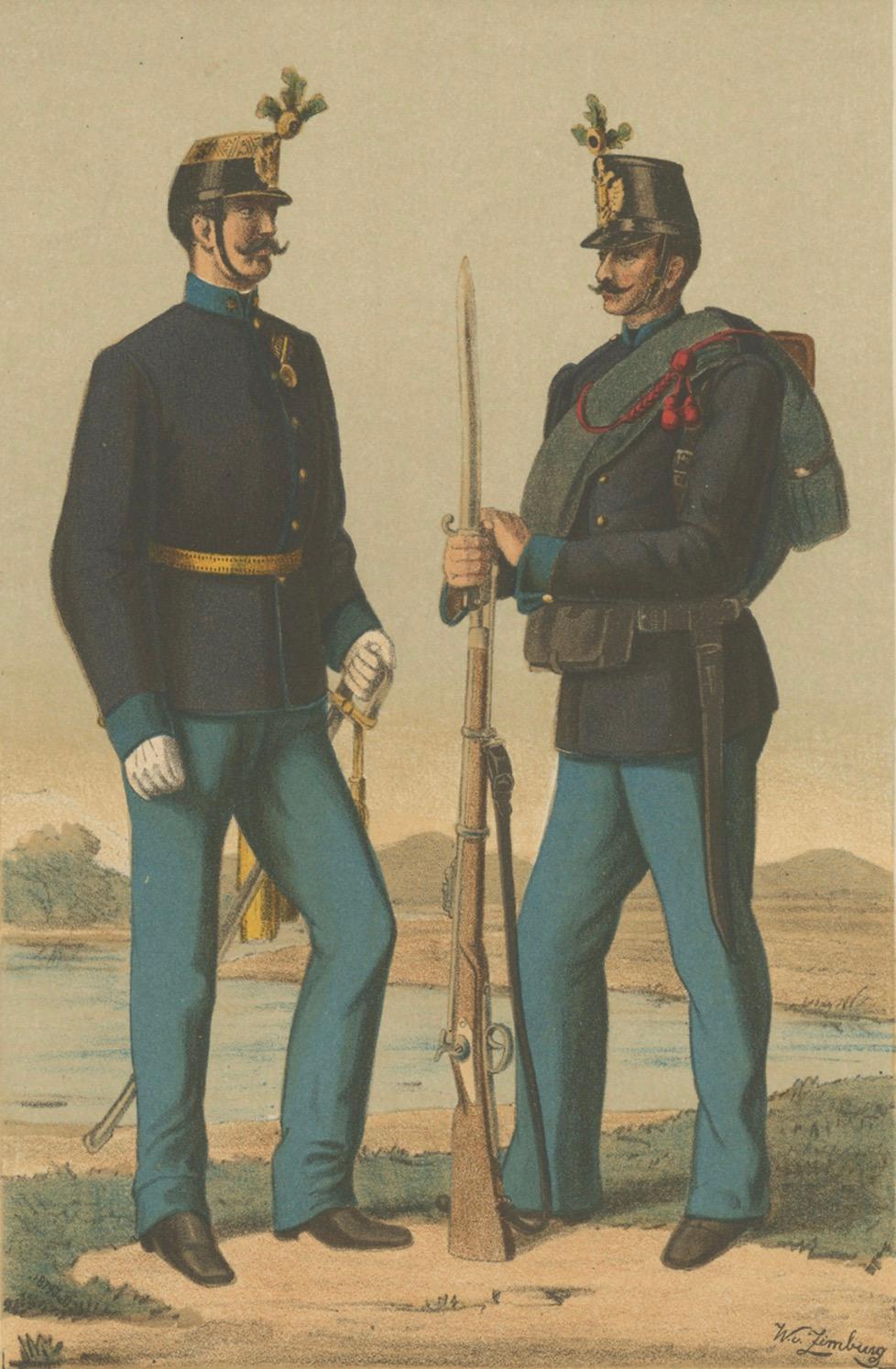 Carta Ufficiale austriaco e soldato di fanteria, reggimento Hoch- und Deutschmeister 1867 Litho in vendita