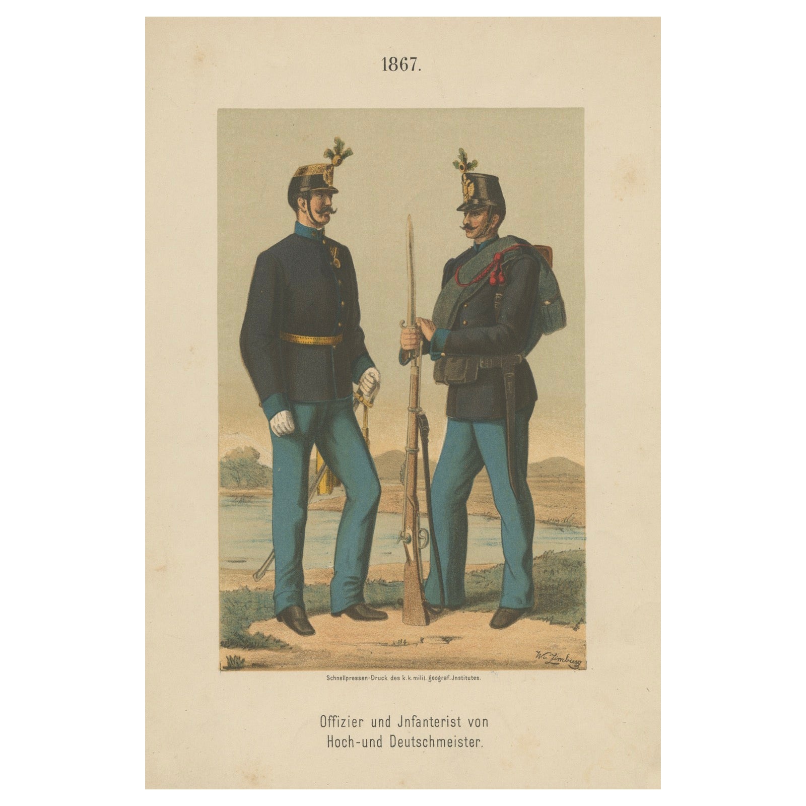 Austrian Officer & Infantryman, Hoch- und Deutschmeister Regiment 1867 Litho