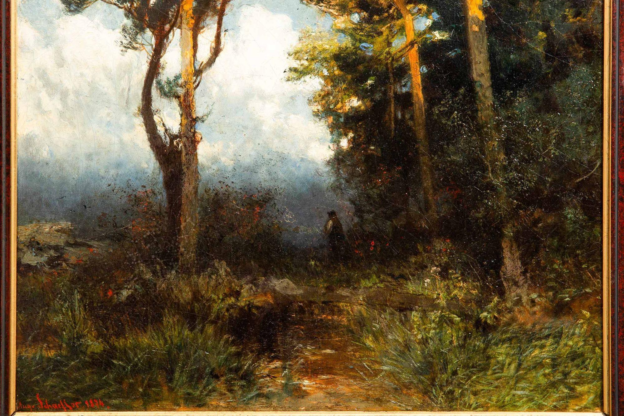Austrian Oil Landscape Painting “Evening Walk ” by August Schaeffer ca. 1874 For Sale 5