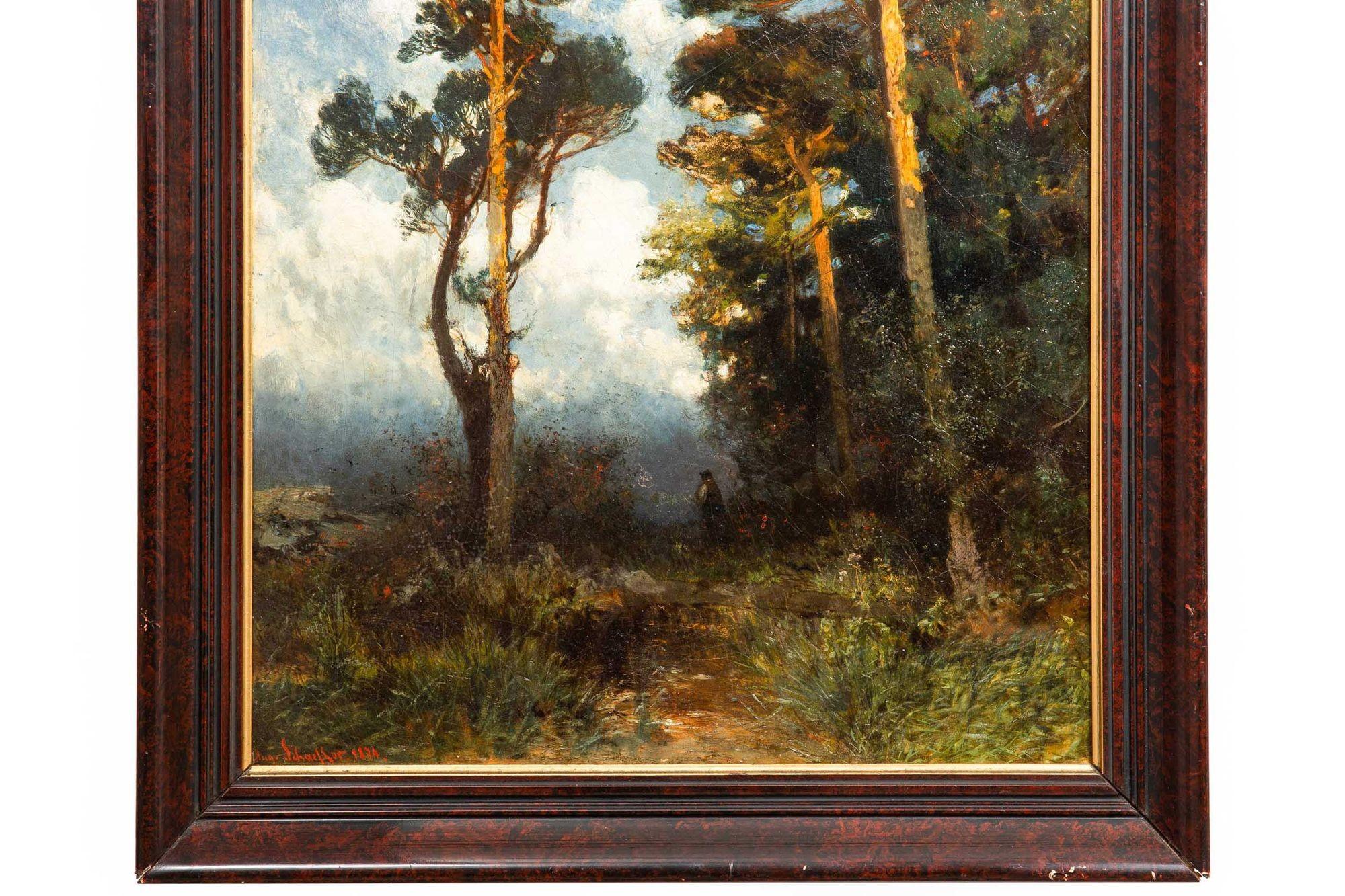 Austrian Oil Landscape Painting “Evening Walk ” by August Schaeffer ca. 1874 For Sale 11