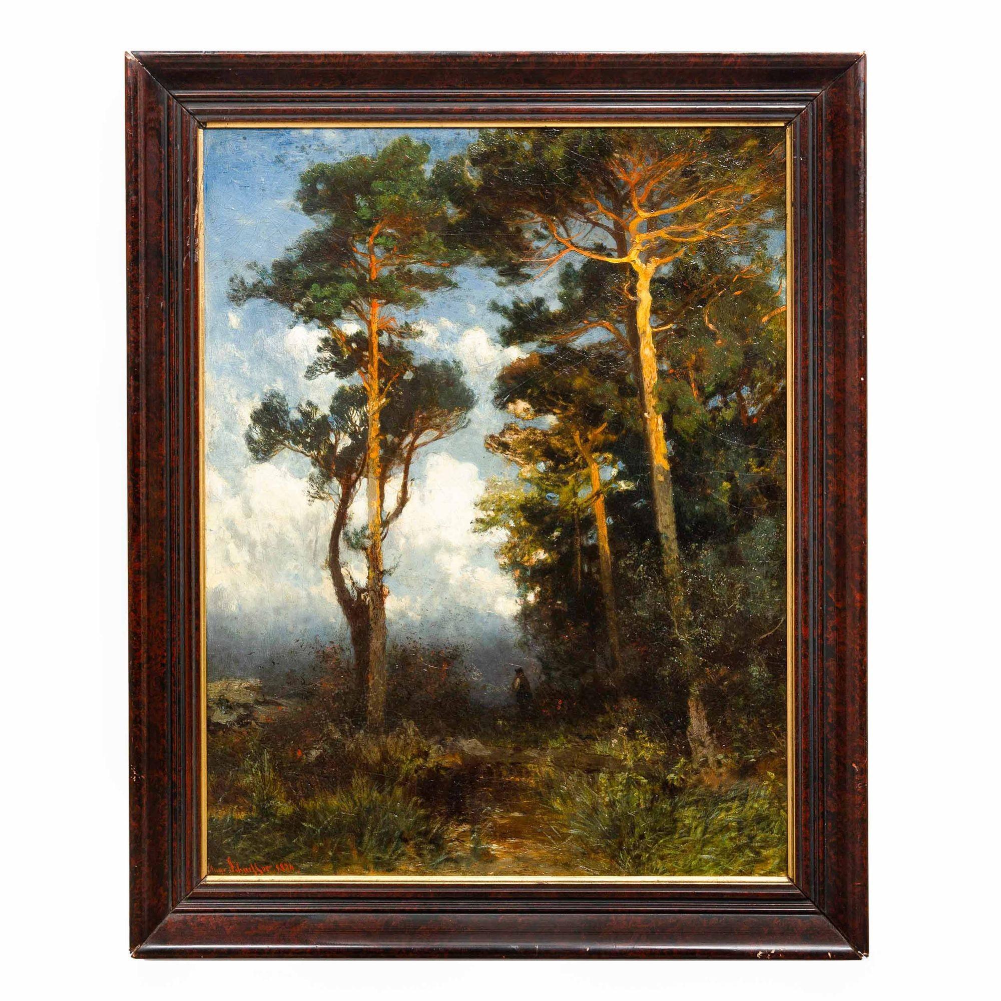 AUGUST SCHAEFFER VON WIENWALD
Austria, 1833-1916

Walking in the Forest at Evening (1874)

Oil on artist card  signed lower left 