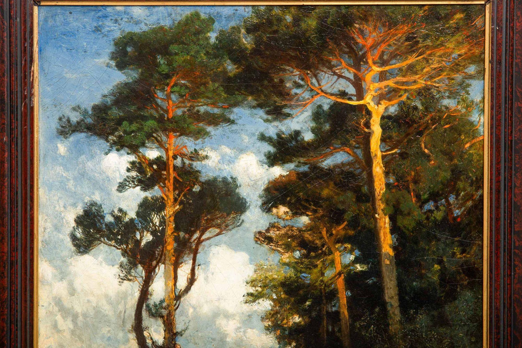 Barbizon School Austrian Oil Landscape Painting “Evening Walk ” by August Schaeffer ca. 1874 For Sale