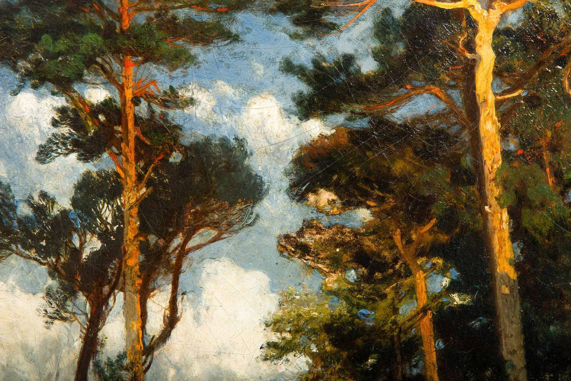 19th Century Austrian Oil Landscape Painting “Evening Walk ” by August Schaeffer ca. 1874 For Sale