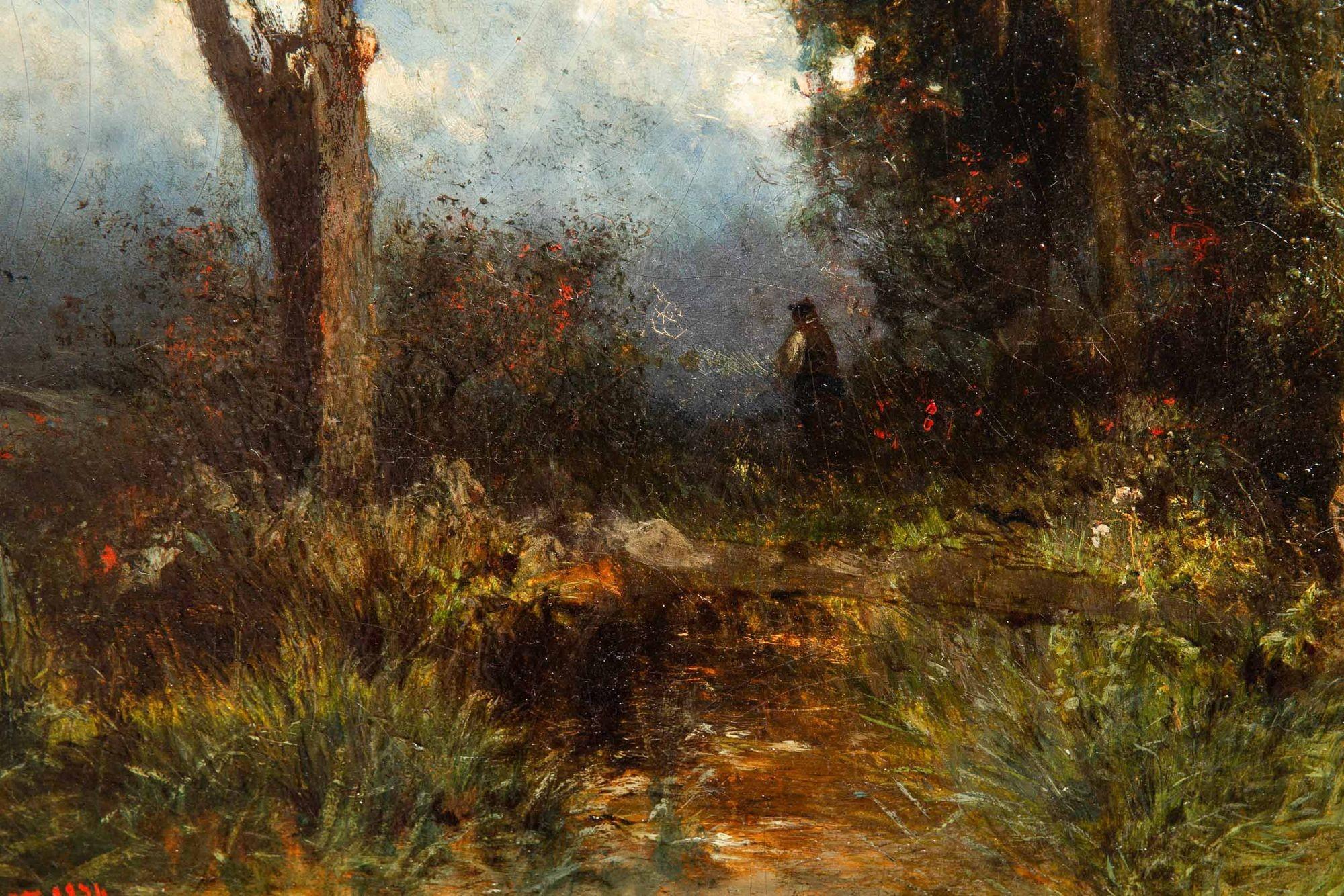 Austrian Oil Landscape Painting “Evening Walk ” by August Schaeffer ca. 1874 For Sale 4
