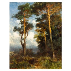 Paesaggio austriaco ad olio "Passeggiata serale" di August Schaeffer ca. 1874