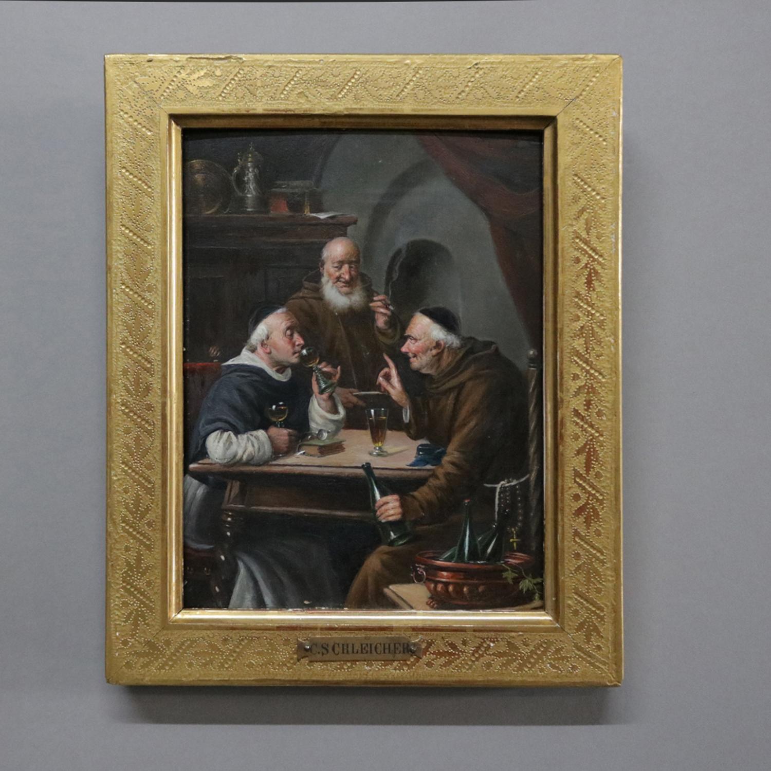 Antique oil on board genre painting depicts celebrating monks sipping wine and smoking, signed upper right, seated in gilt frame, en verso original label and stamp, 19th century.

Measures: 10.5