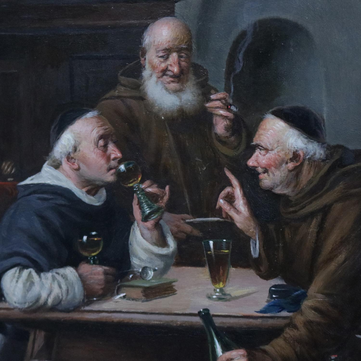 Austrian Oil on Board Genre Painting of Monks Signed C Schleicher, circa 1850 In Good Condition In Big Flats, NY