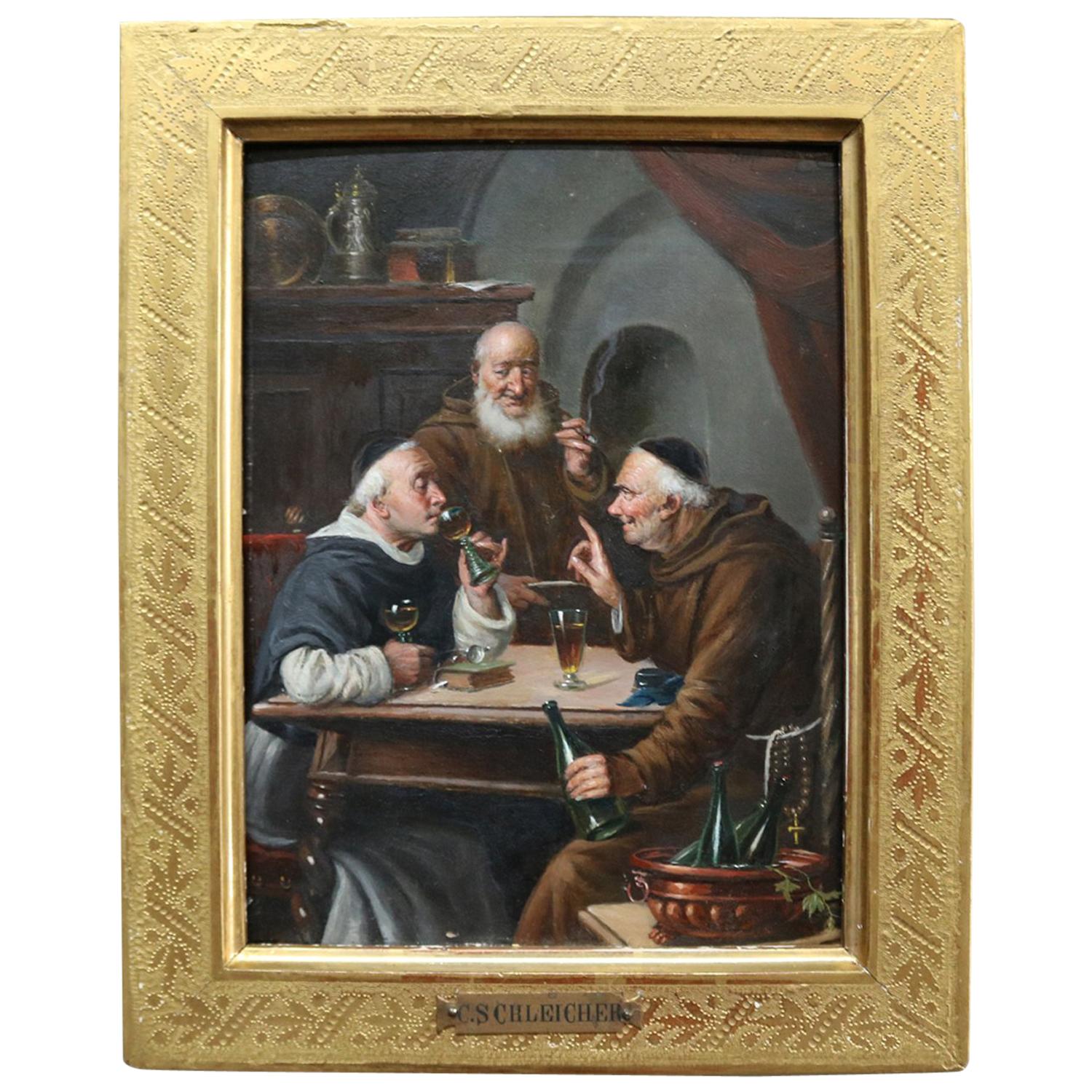 Austrian Oil on Board Genre Painting of Monks Signed C Schleicher, circa 1850