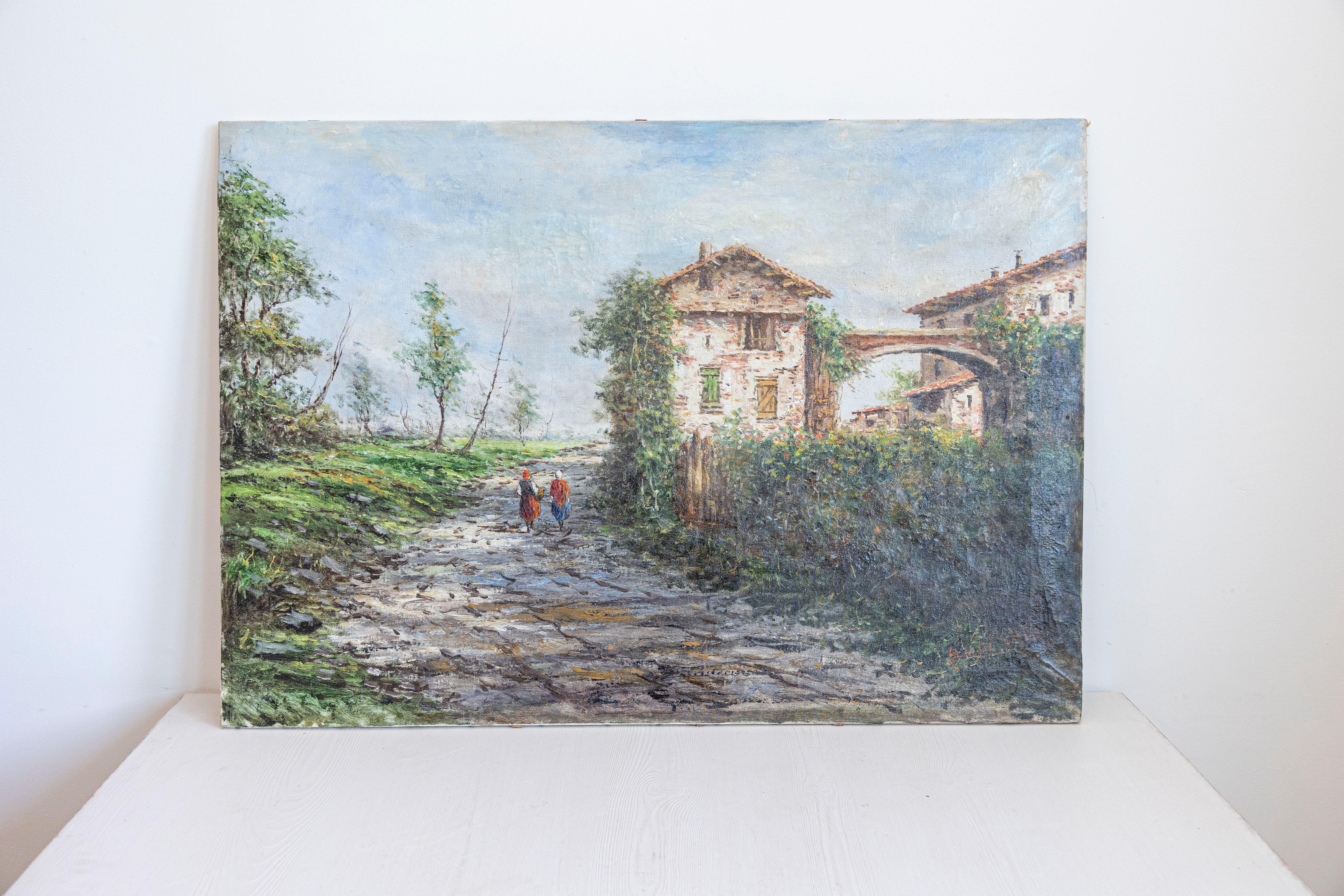 An Austrian unframed oil on canvas painting by Anton Brioschi (30 November 1855, Vienna - 31 August 1920, Vienna) depicting a farm scene with two young maidens. Created in Austria during the Turn of the Century (19th to 20th), this oil on canvas