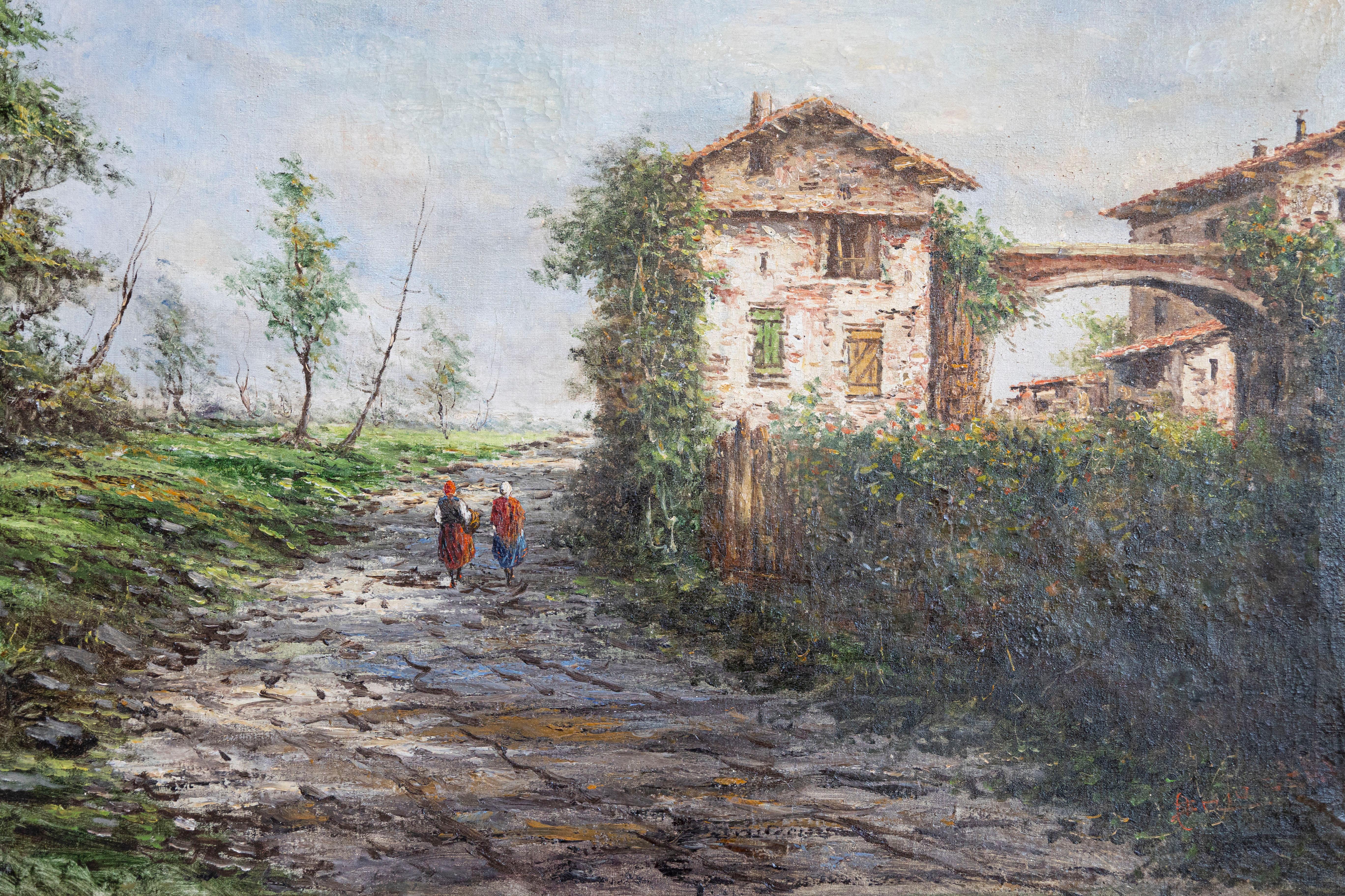 Hand-Painted Austrian Oil Painting by Anton Brioschi Depicting a Farm Scene with Two Maidens For Sale