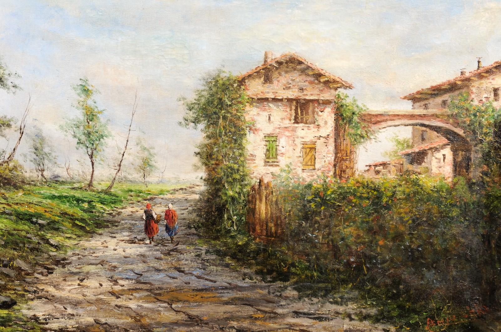 Peinture à l'huile autrichienne d'Anton Brioschi représentant une scène de ferme avec deux jeunes filles en vente 1