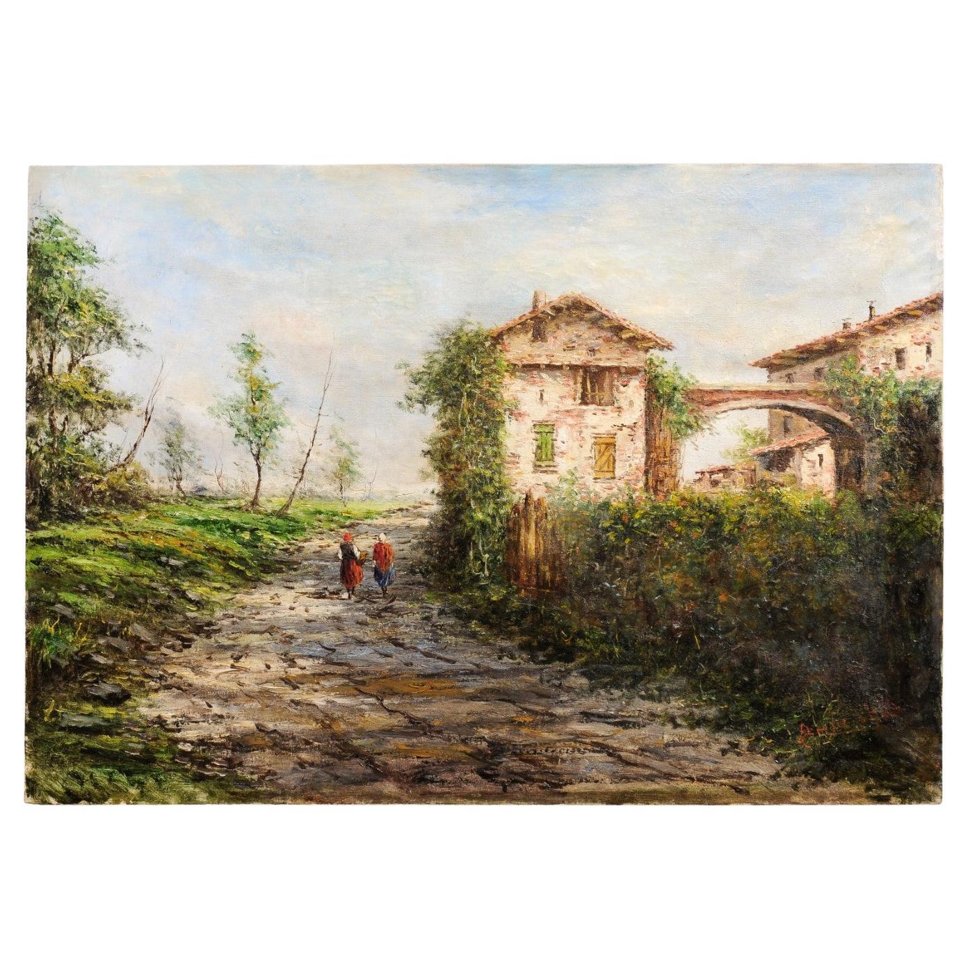 Austrian Oil Painting by Anton Brioschi Depicting a Farm Scene with Two Maidens For Sale