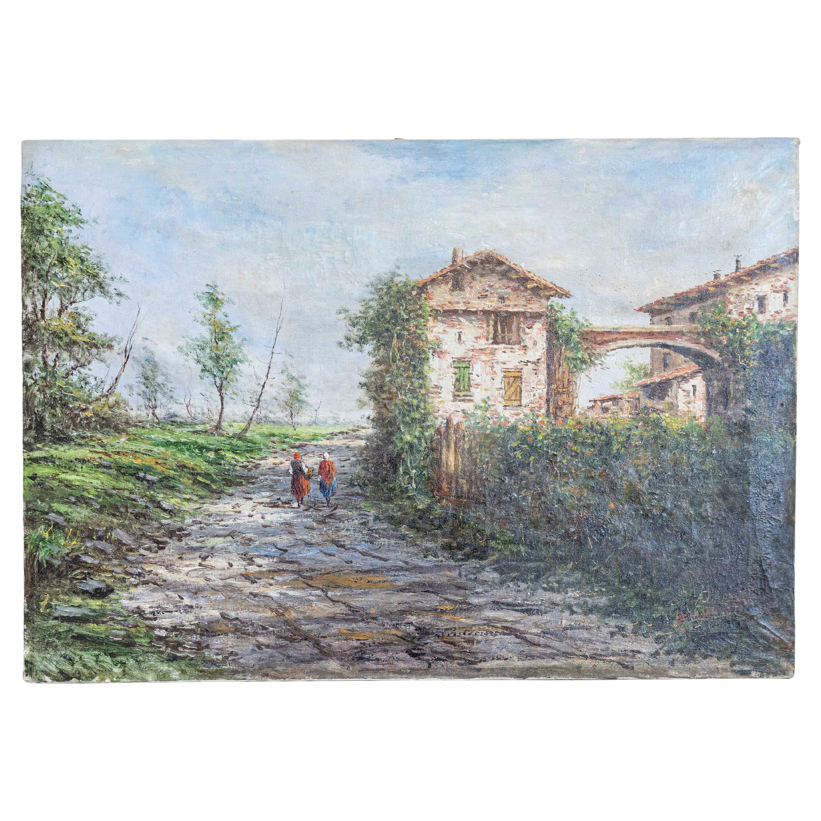 Austrian Oil Painting by Anton Brioschi Depicting a Farm Scene with Two Maidens For Sale