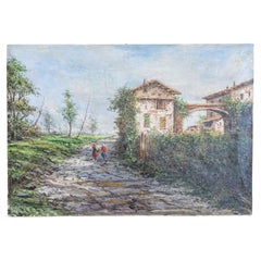 Austrian Oil Painting by Anton Brioschi Depicting a Farm Scene with Two Maidens