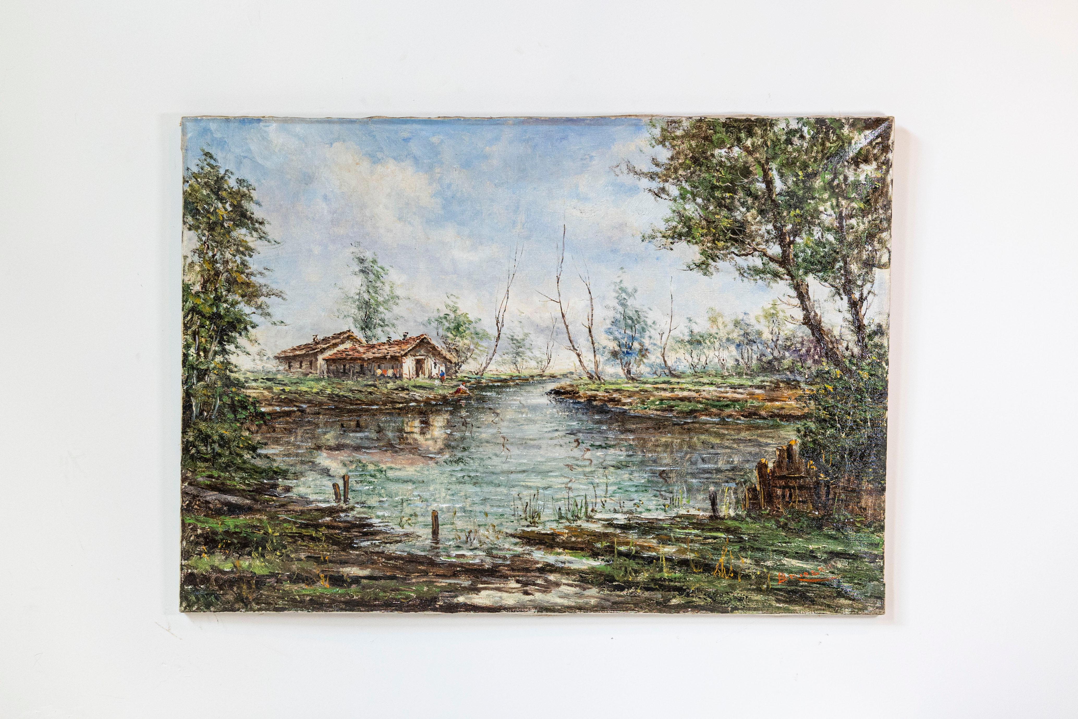Huile sur toile autrichienne non encadrée d'Anton Brioschi (30 novembre 1855, Vienne - 31 août 1920, Vienne) représentant un humble hameau situé le long d'un ruisseau, avec des personnages discrets engagés dans des activités de la vie quotidienne.