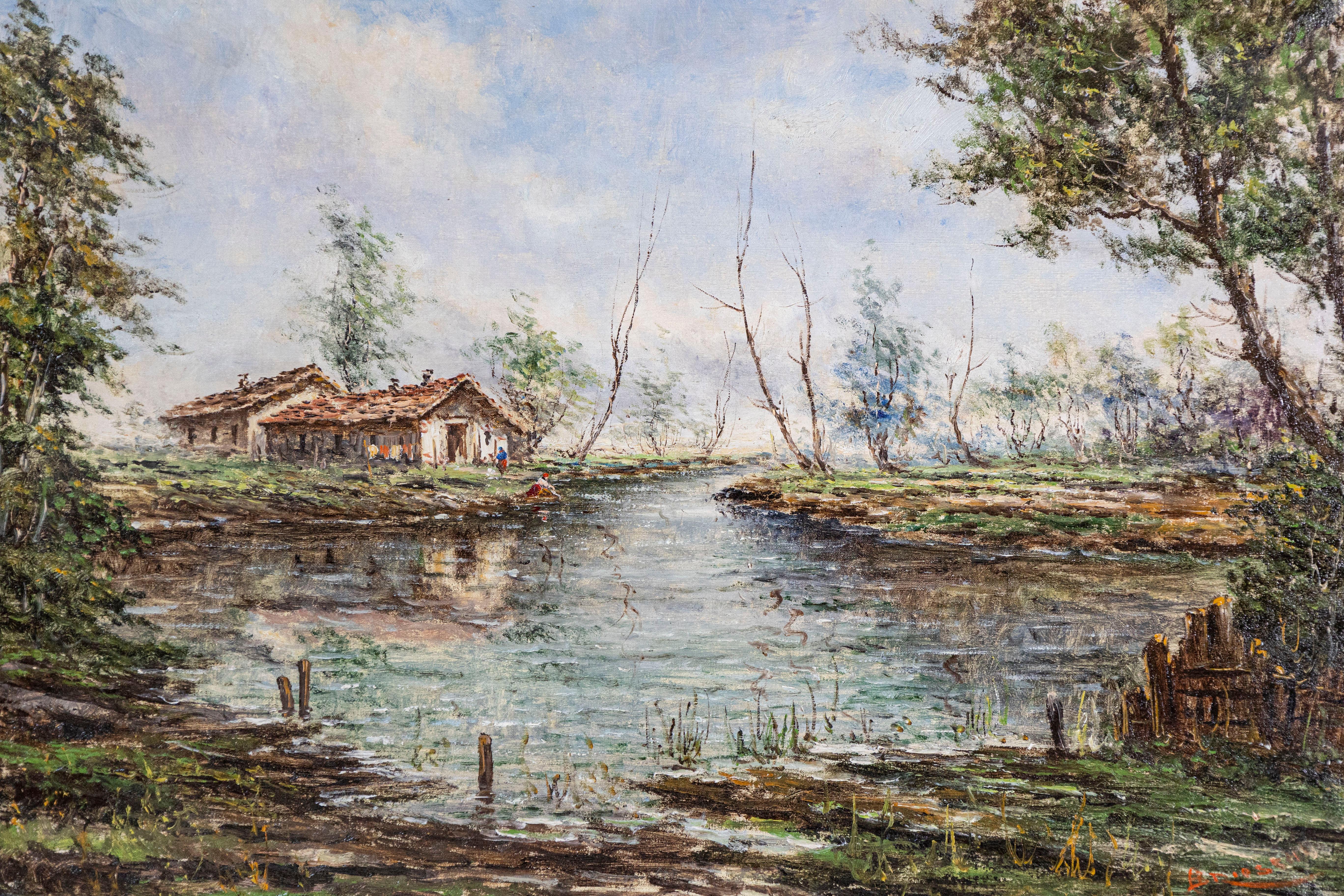 Autrichien Peinture à l'huile autrichienne d'Anton Brioschi représentant un Hamlet le long d'un ruisseau en vente