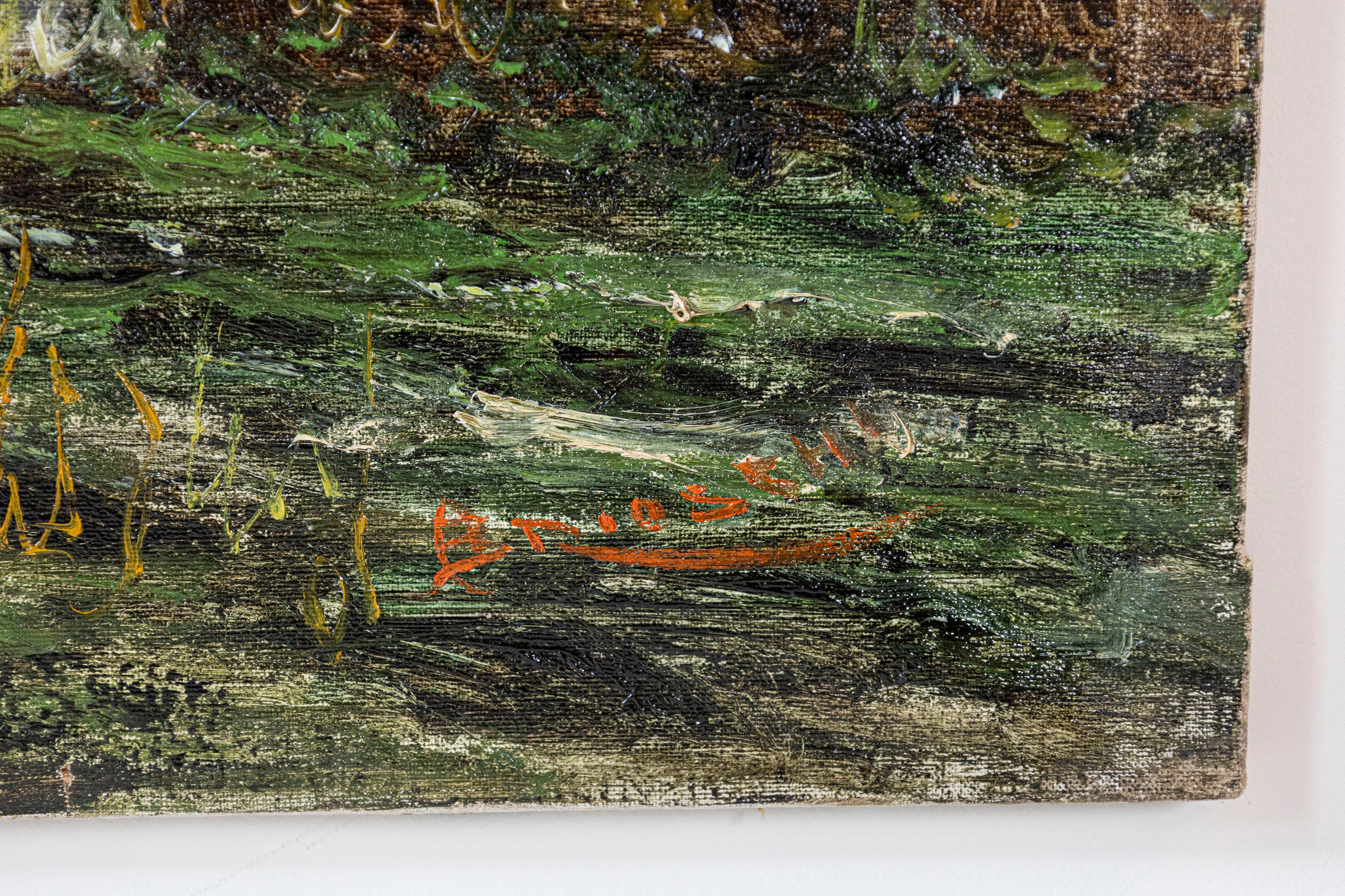 Peint à la main Peinture à l'huile autrichienne d'Anton Brioschi représentant un Hamlet le long d'un ruisseau en vente