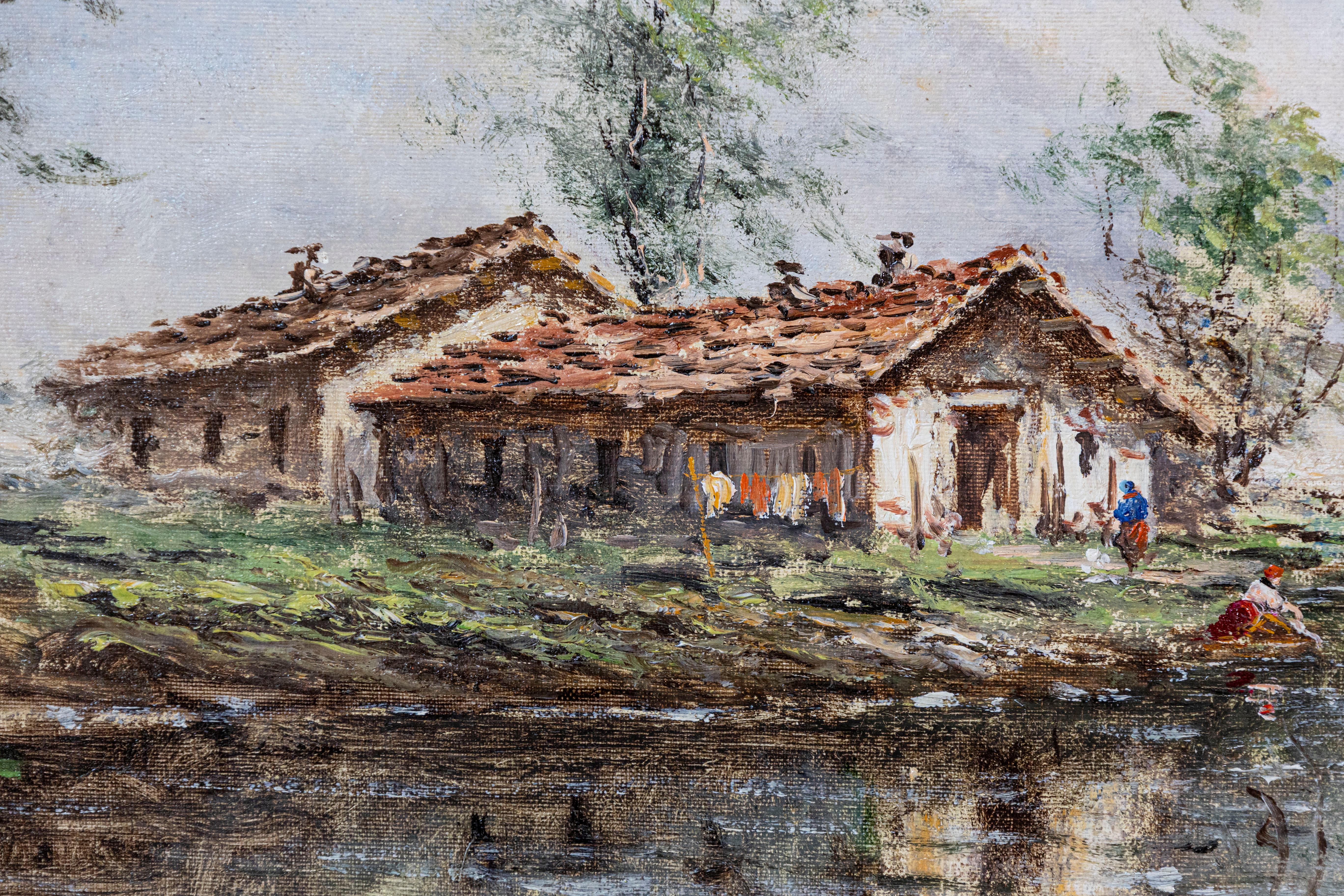 Peinture à l'huile autrichienne d'Anton Brioschi représentant un Hamlet le long d'un ruisseau Bon état - En vente à Atlanta, GA