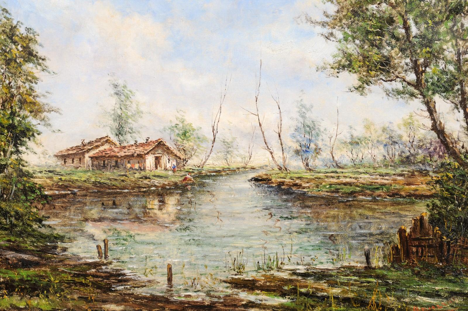 Canvas Austrian Oil Painting by Anton Brioschi Depicting a Hamlet Along a Stream For Sale