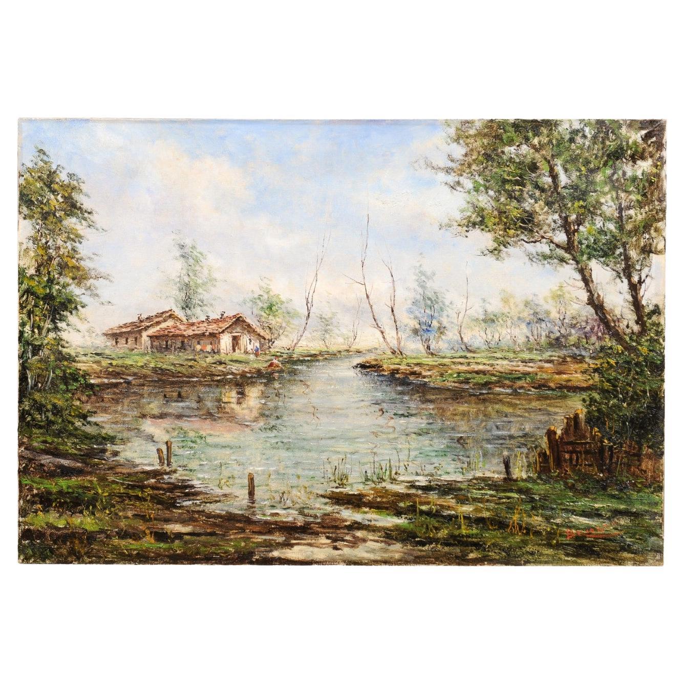 Austrian Oil Painting by Anton Brioschi Depicting a Hamlet Along a Stream For Sale