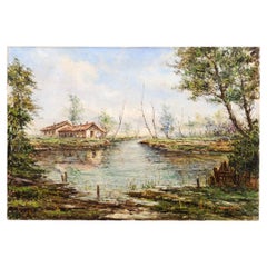 Austrian Oil Painting by Anton Brioschi Depicting a Hamlet Along a Stream