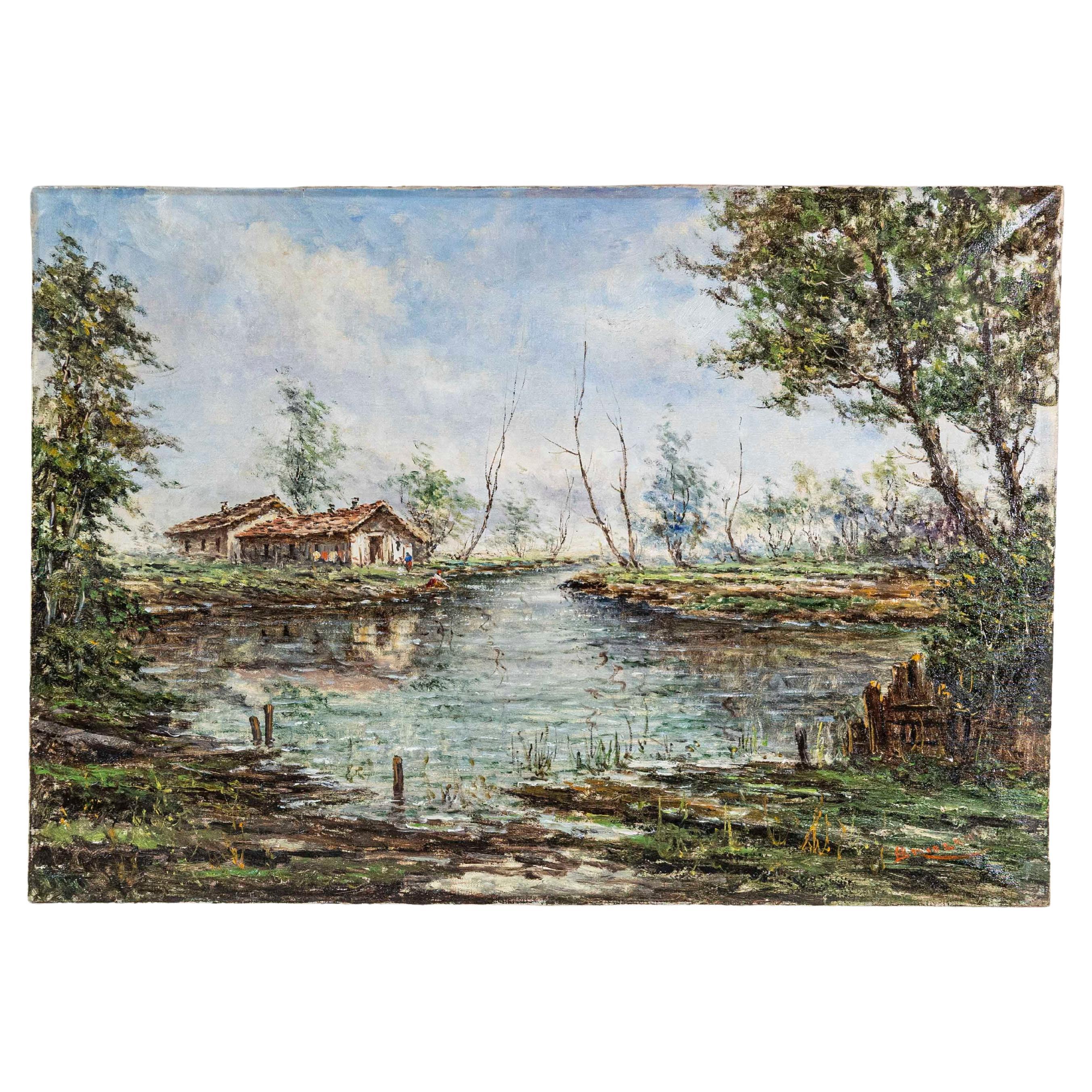 Austrian Oil Painting by Anton Brioschi Depicting a Hamlet Along a Stream