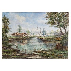 Peinture à l'huile autrichienne d'Anton Brioschi représentant un Hamlet le long d'un ruisseau