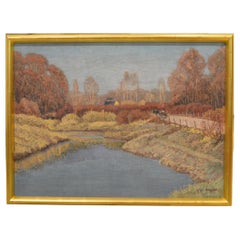 Austrian Oil Painting Classical Modernism Landscape 1921 River Forest Meadow