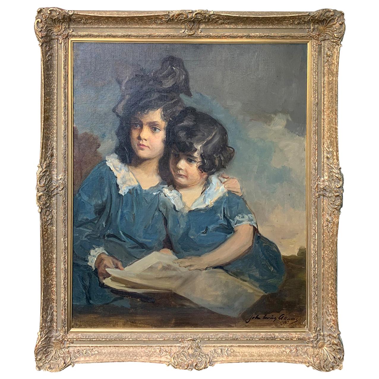 American Oil Painting of Sisters by John Quincy Adams, Signed & Dated, C.1923 
