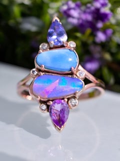 Austrian Opal & Lavender Turquoise Ring w/ Sapphire, Tanzanite 14k Rose Gold