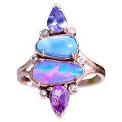 Anillo Ópalo Austriaco y Turquesa Lavanda c/ Zafiro, Tanzanita Oro Rosa 14k