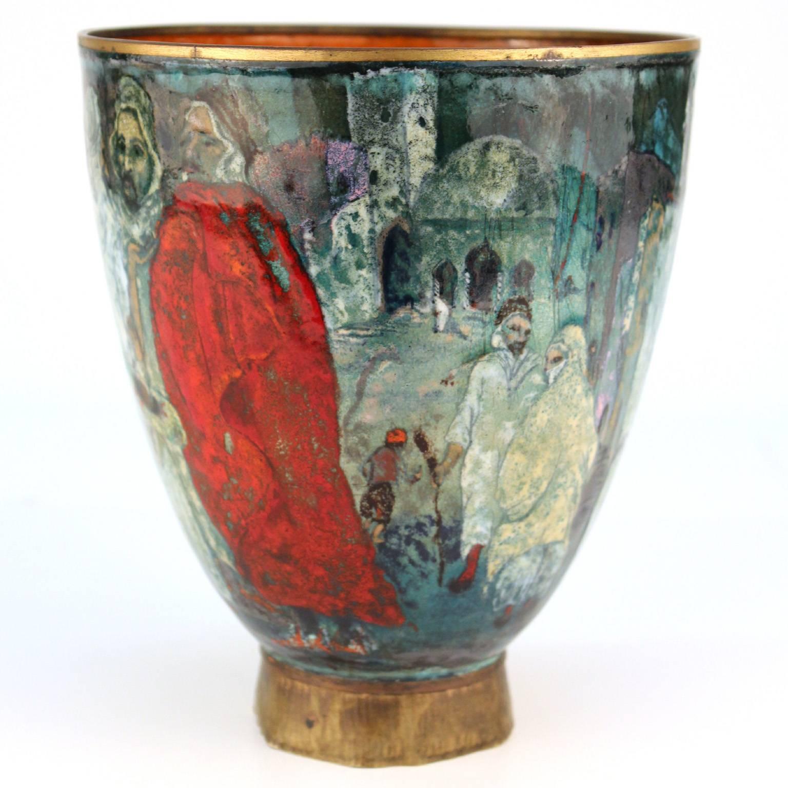 Vienna Secession Austrian Orientalist Enameled Brass Vase For Sale