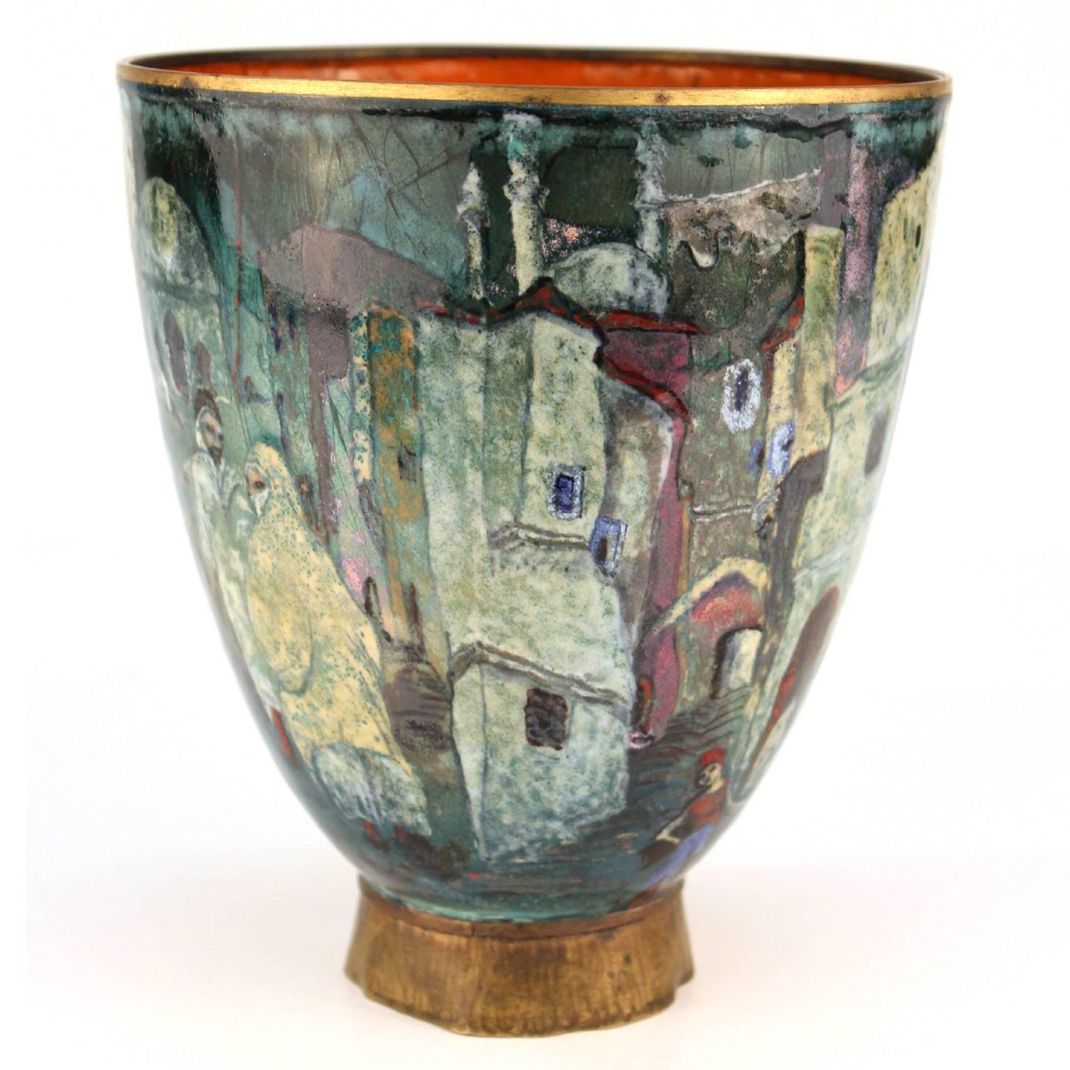 Austrian Orientalist Enameled Brass Vase In Good Condition For Sale In New York, NY