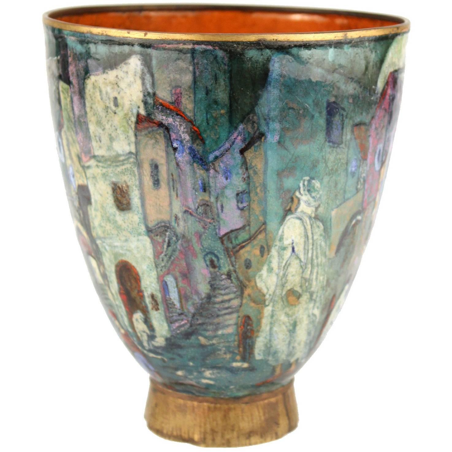 Austrian Orientalist Enameled Brass Vase For Sale