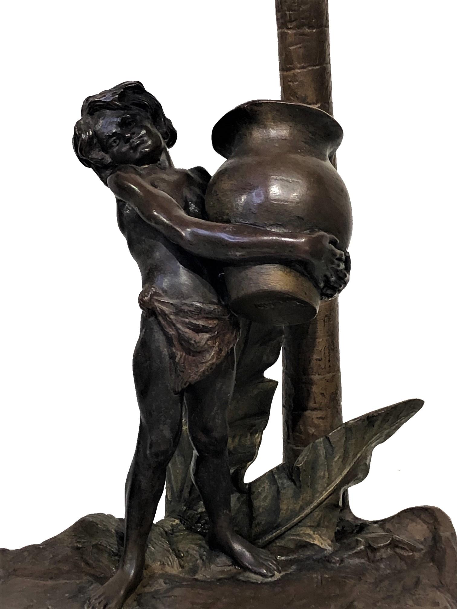 Österreichischer Jugendstil
F.O. Klar
Wasserträger unter Palme
Tischlampe
Patinierte Bronze
Tischlampe
Wien, um 1900

ABMESSUNGEN
Höhe: 16 Zoll
Breite: 7 Zoll
Tiefe: 7,5 Zoll
