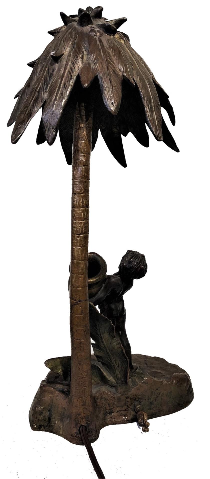 Early 20th Century Water Bearer Under Palm Tree, Jugenstil Bronze Table Lamp by F.O. Klar, ca. 1900 For Sale