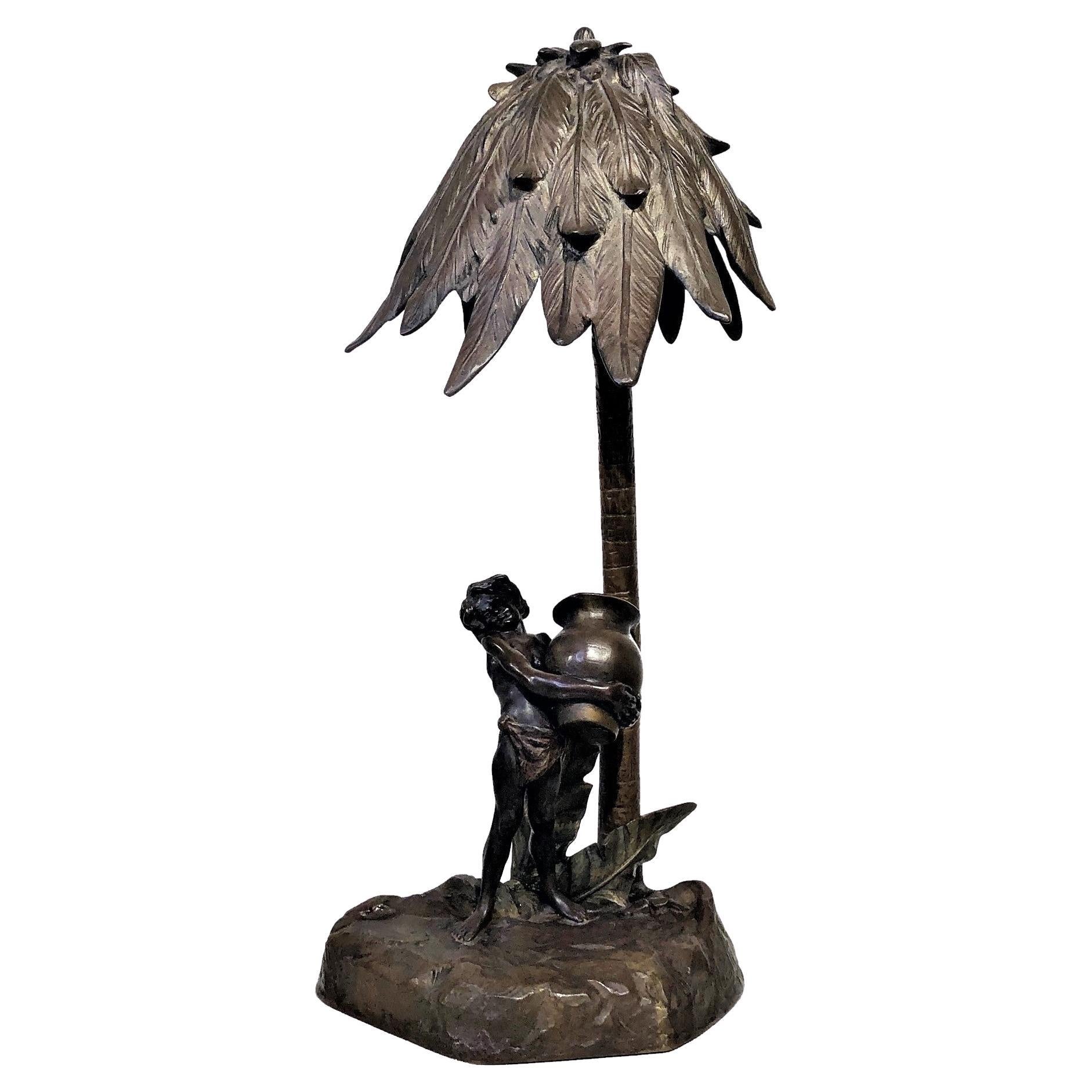 Water Bearer Under Palm Tree, Jugenstil Bronze Table Lamp by F.O. Klar, ca. 1900 For Sale