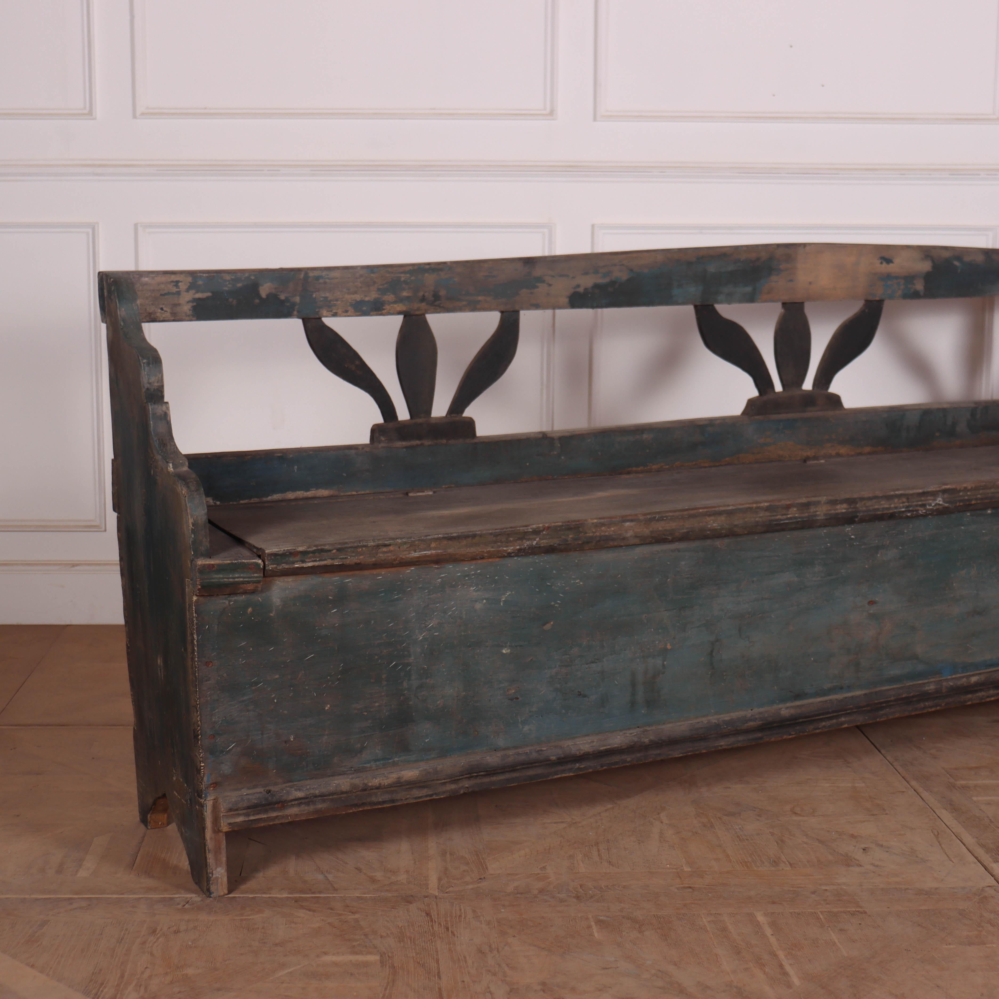 Large 19th C Austrian original painted pine bench with storage under the seat. 1880.

Seat height is 22