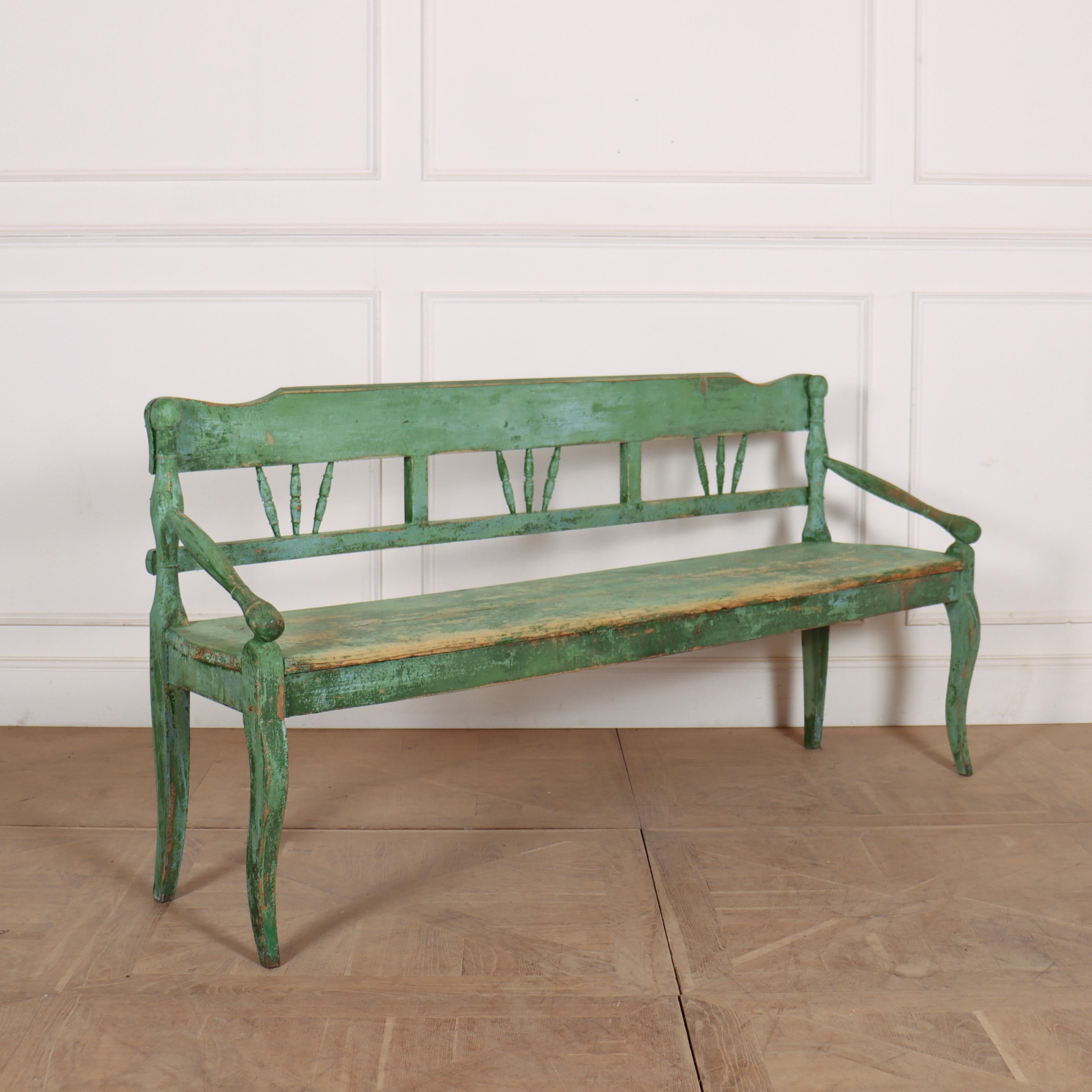 Unusual 19th C Austrian pine bench with original paint finish and saber legs. 1840.

Seat height is 19