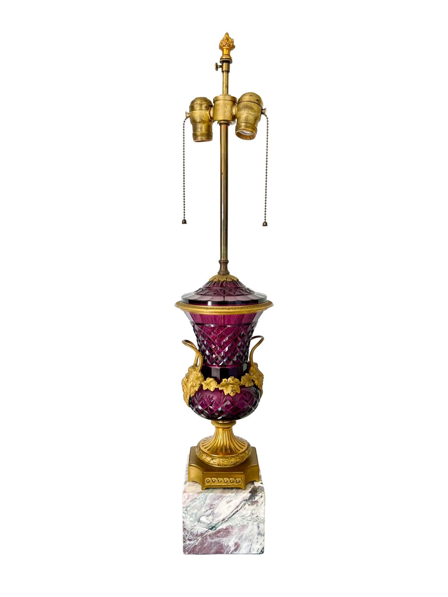 Austrian Ormolu Mounted Amethyst Glass Campana Urn Lamp, Late 19th C In Good Condition For Sale In Harlingen, TX