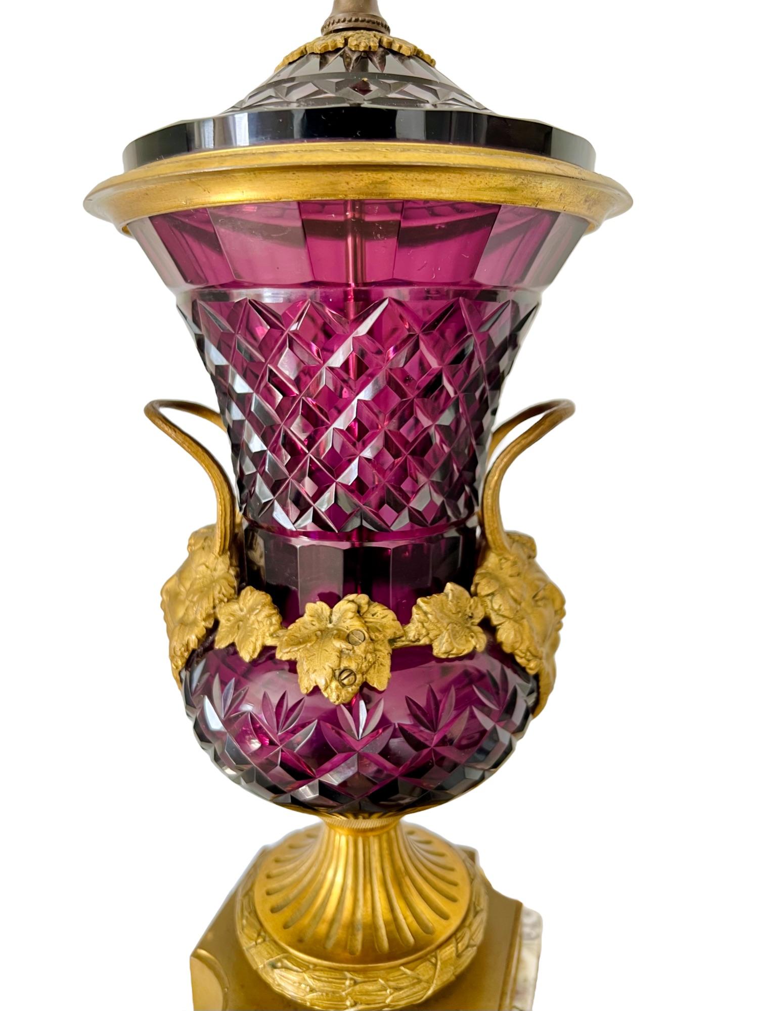 Brass Austrian Ormolu Mounted Amethyst Glass Campana Urn Lamp, Late 19th C For Sale
