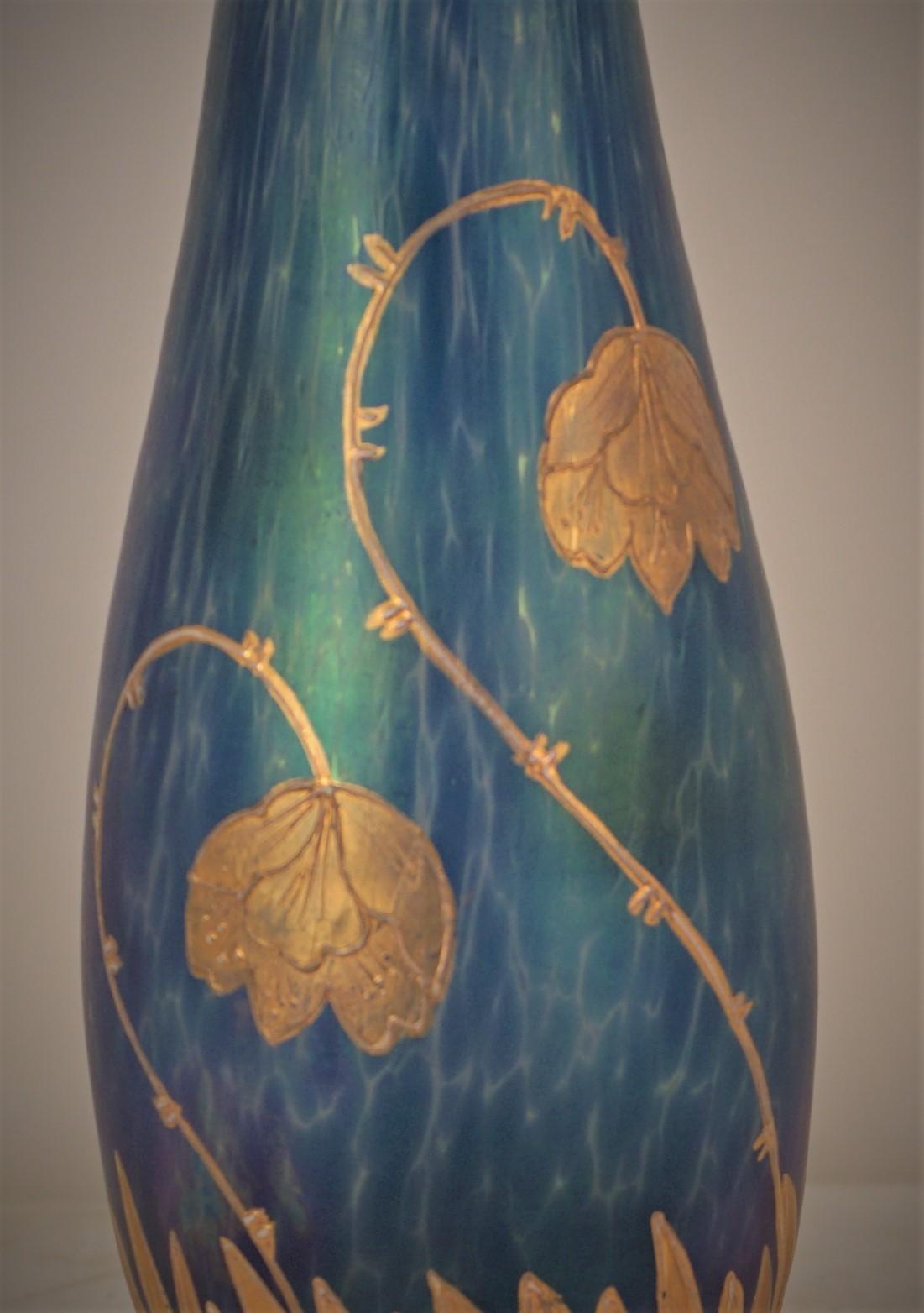 Beautiful blown art glass vase in art nouveau style with gold flora painting. 