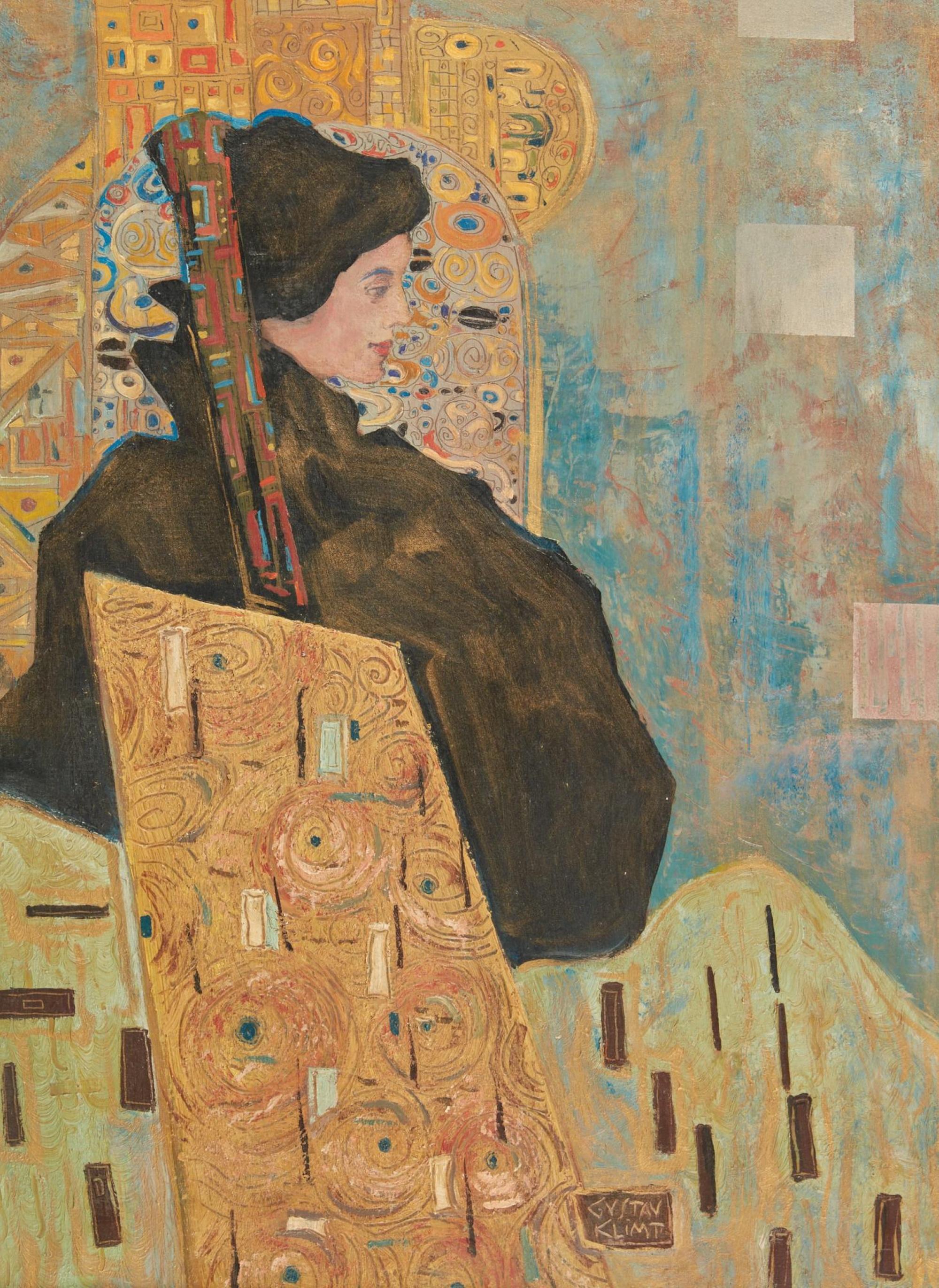 Peinture autrichienne Portrait de dame huile sur toile Signée Gustav Klimt Encadré Art en vente 3