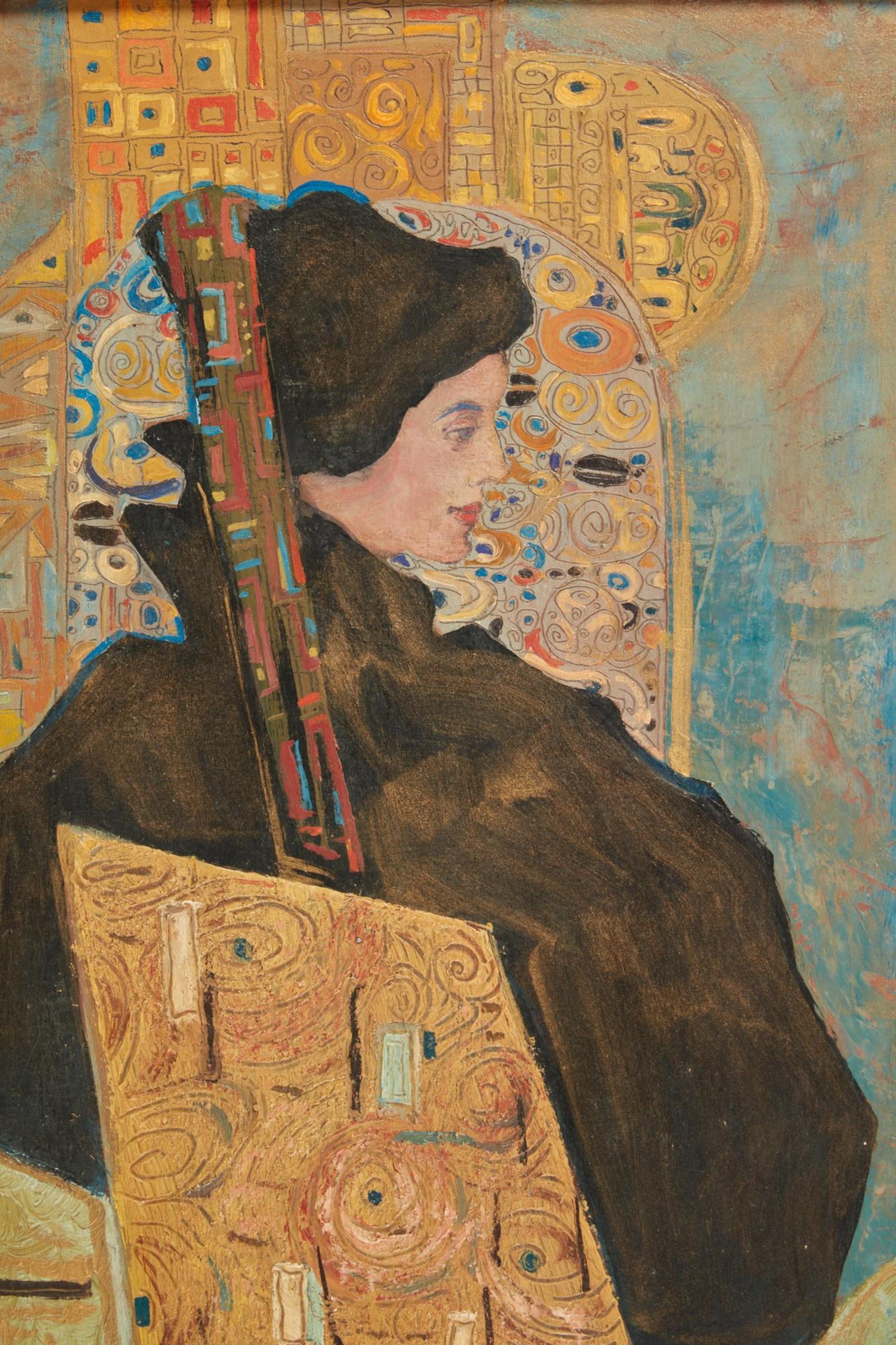 Peinture autrichienne Portrait de dame huile sur toile Signée Gustav Klimt Encadré Art en vente 4